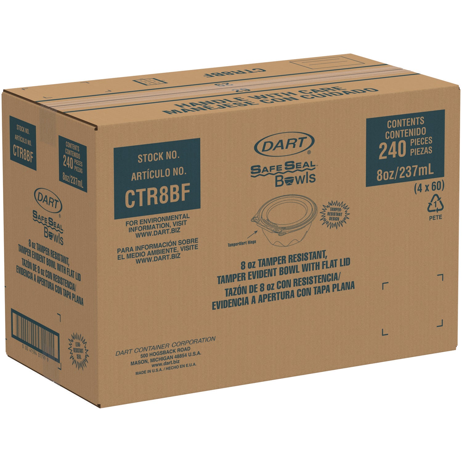 SafeSeal Tamper-Resistant, Tamper-Evident Bowls with Flat Lid, 8 oz, 5.5" Diameter x 1.7" h, Clear, Plastic, 240/Carton
