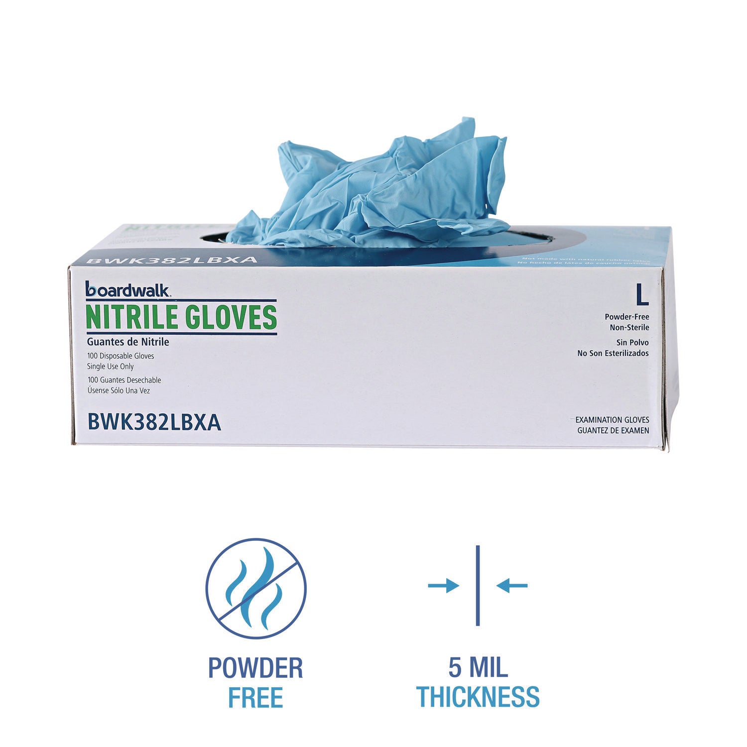 Disposable Examination Nitrile Gloves, Large, Blue, 5 mil, 100/Box