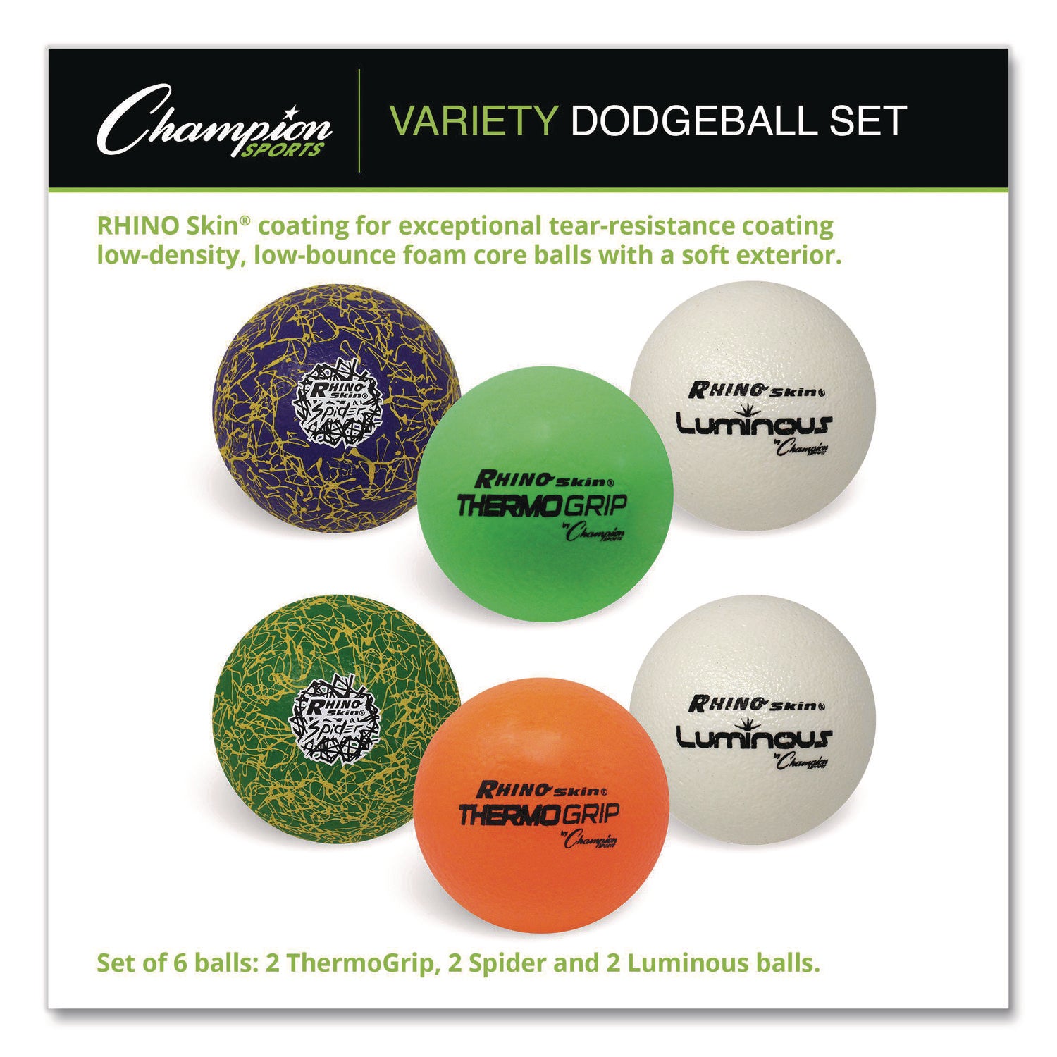 Rhino Skin Variety Dodgeball Set, 6.3" Diameter, Luminous/Spider/ThermoGrip, 6/Set