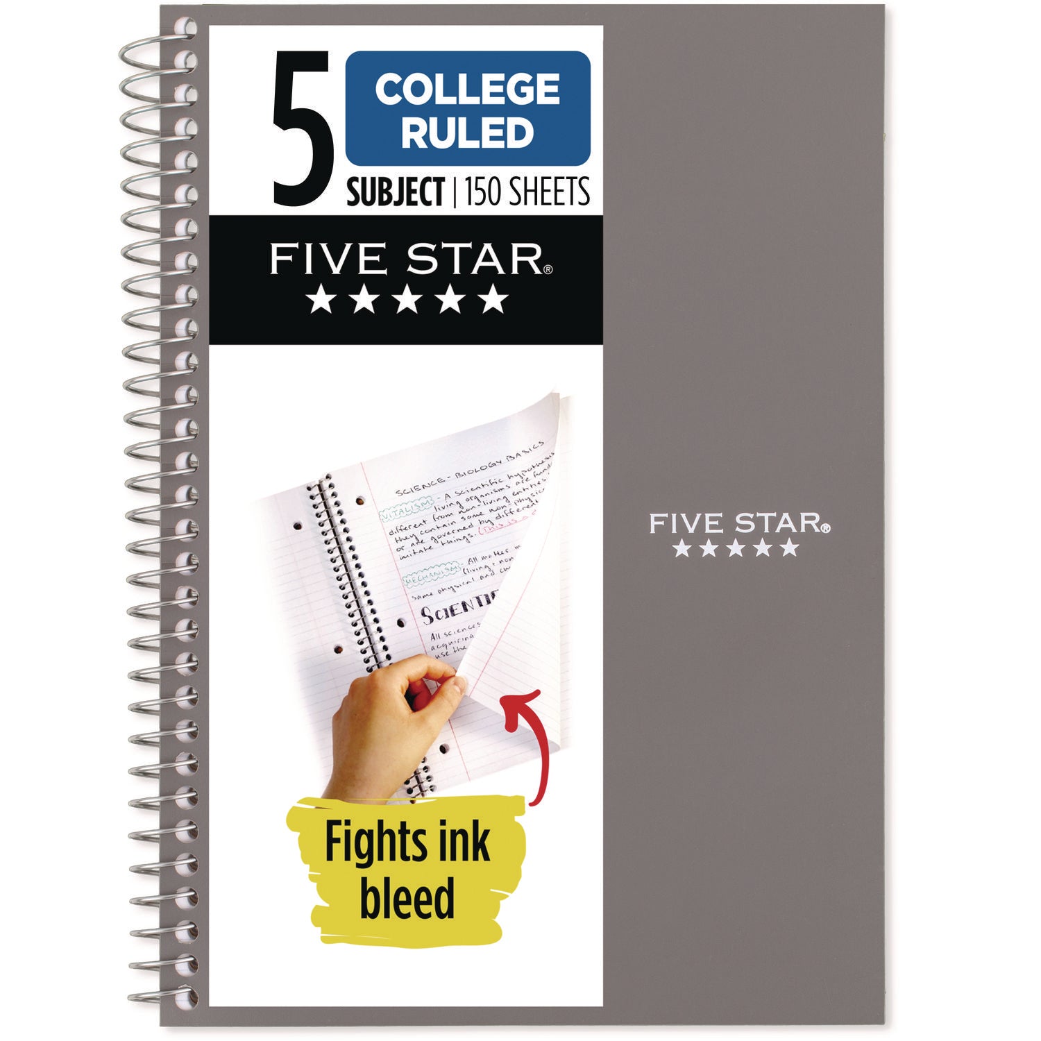 Mead College Ruled Notebook, 5 Subjects, 150 Sheets, 6" x 9.5", Spiral, Assorted Plastic Cover, 1 Each