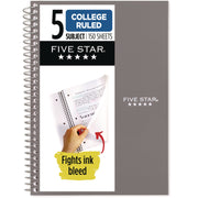 Mead College Ruled Notebook, 5 Subjects, 150 Sheets, 6" x 9.5", Spiral, Assorted Plastic Cover, 1 Each