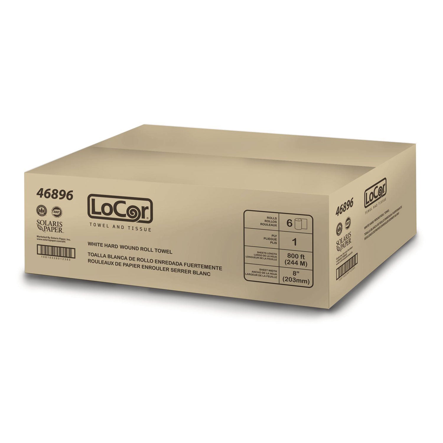LoCor Hardwound Roll Towels - 1 Ply - 8" Width x 800 ft Length - White - Virgin Fiber - 6 / Carton