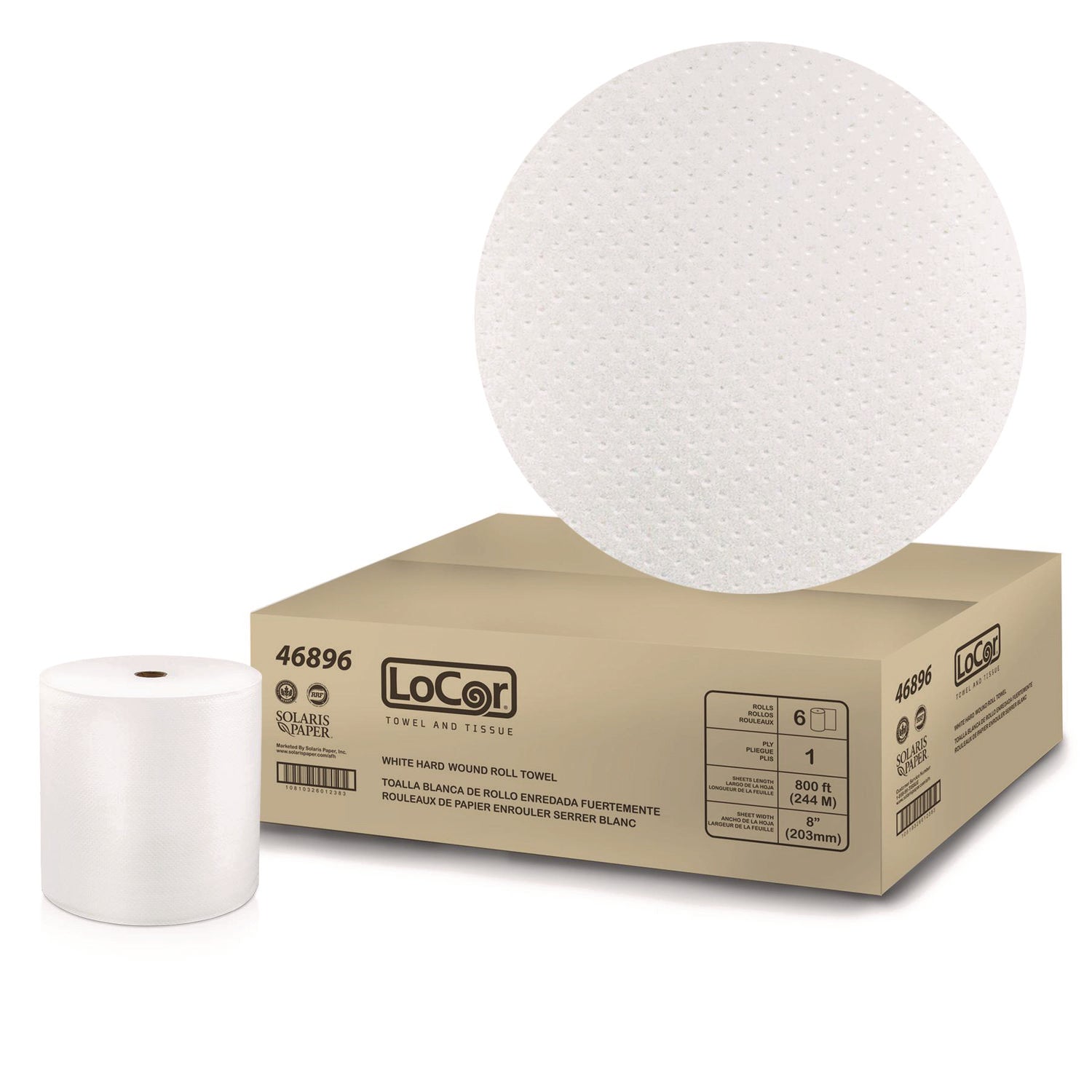 LoCor Hardwound Roll Towels - 1 Ply - 8" Width x 800 ft Length - White - Virgin Fiber - 6 / Carton