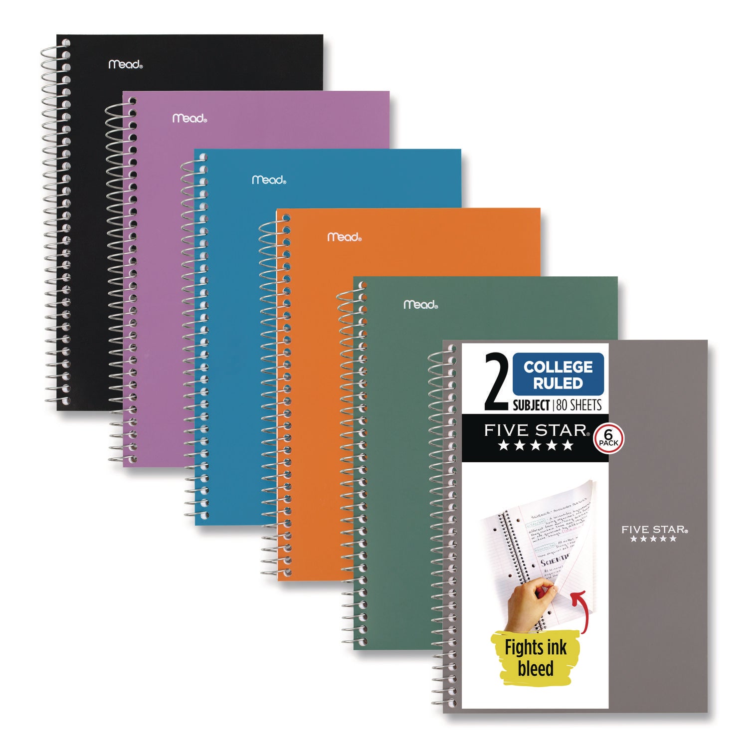 Mead College Ruled Notebook, 2 Subjects, 80 Sheets, 6" x 9.5", Spiral, Assorted Plastic Cover, Double Sided, Perforated, Ink Resistant, Water Resistant, 6 Pack