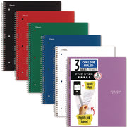 Mead Five Star 3-Subject Spiral Notebook, 150 Sheets, 300 Pages, 11" x 8.5", College Ruled, Assorted Durable Plastic/Paperboard Covers, Wire Bound, 3-Hole Punched, 6 Pack
