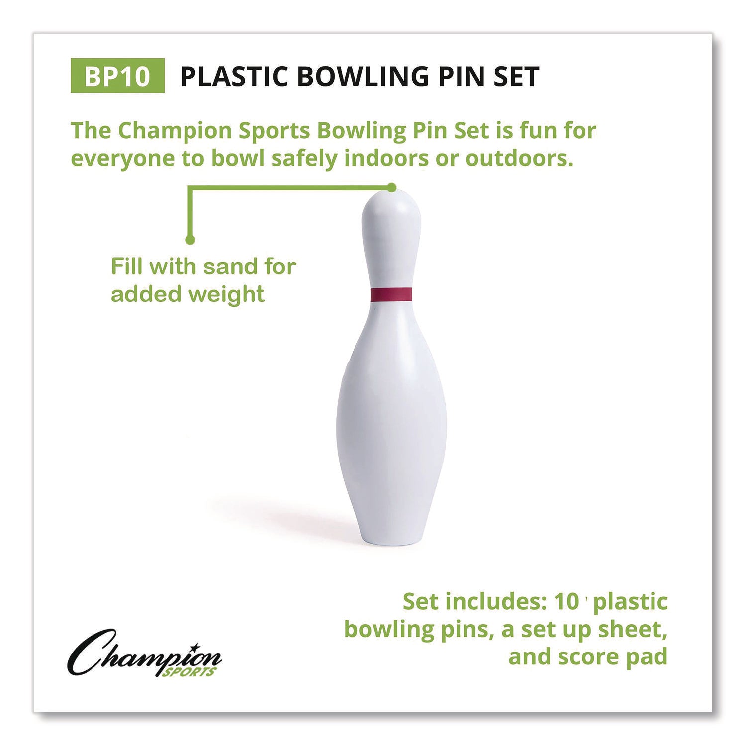Plastic Bowling Pin Set, White, 10/Set