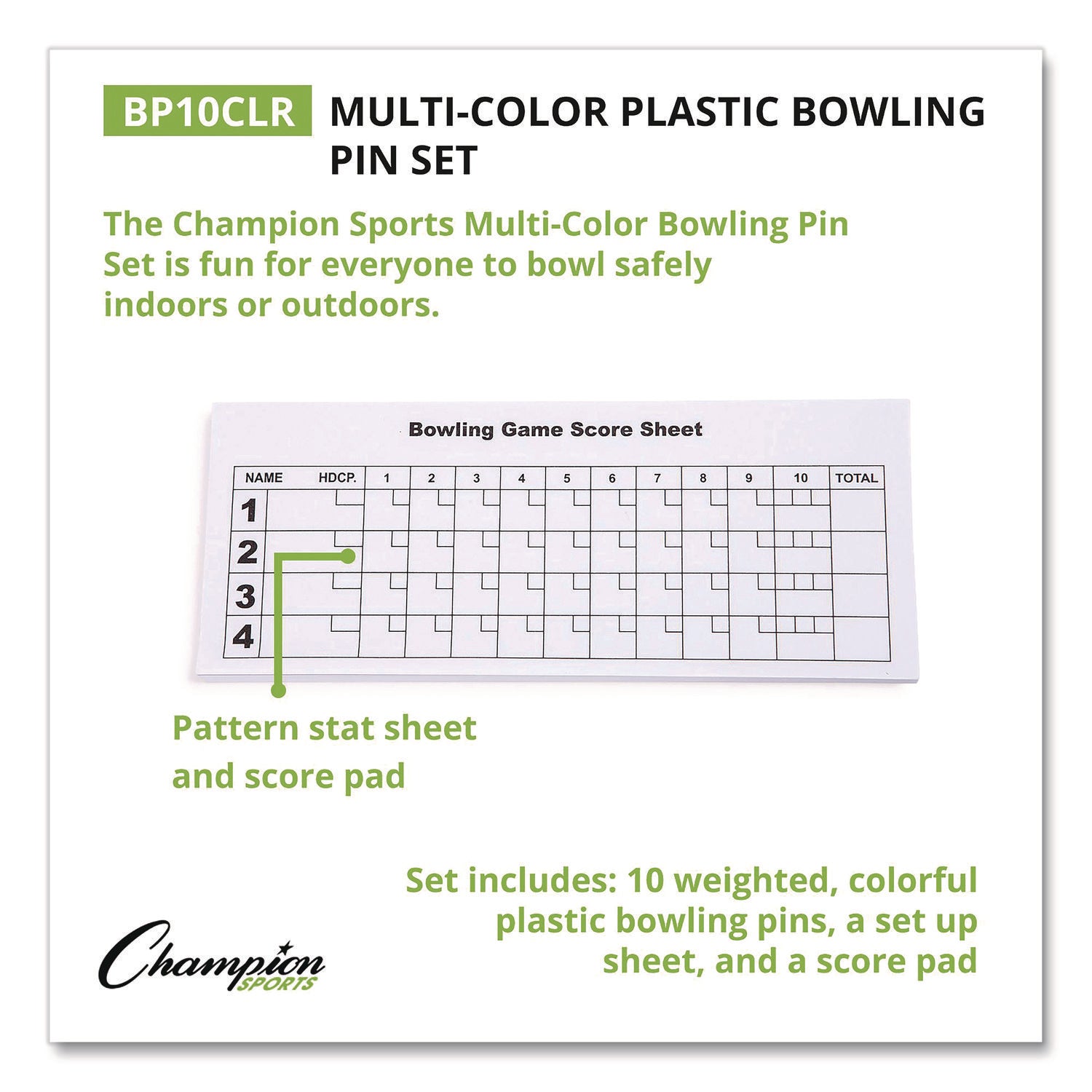 Plastic Bowling Pin Set, Assorted Colors, 10/Set