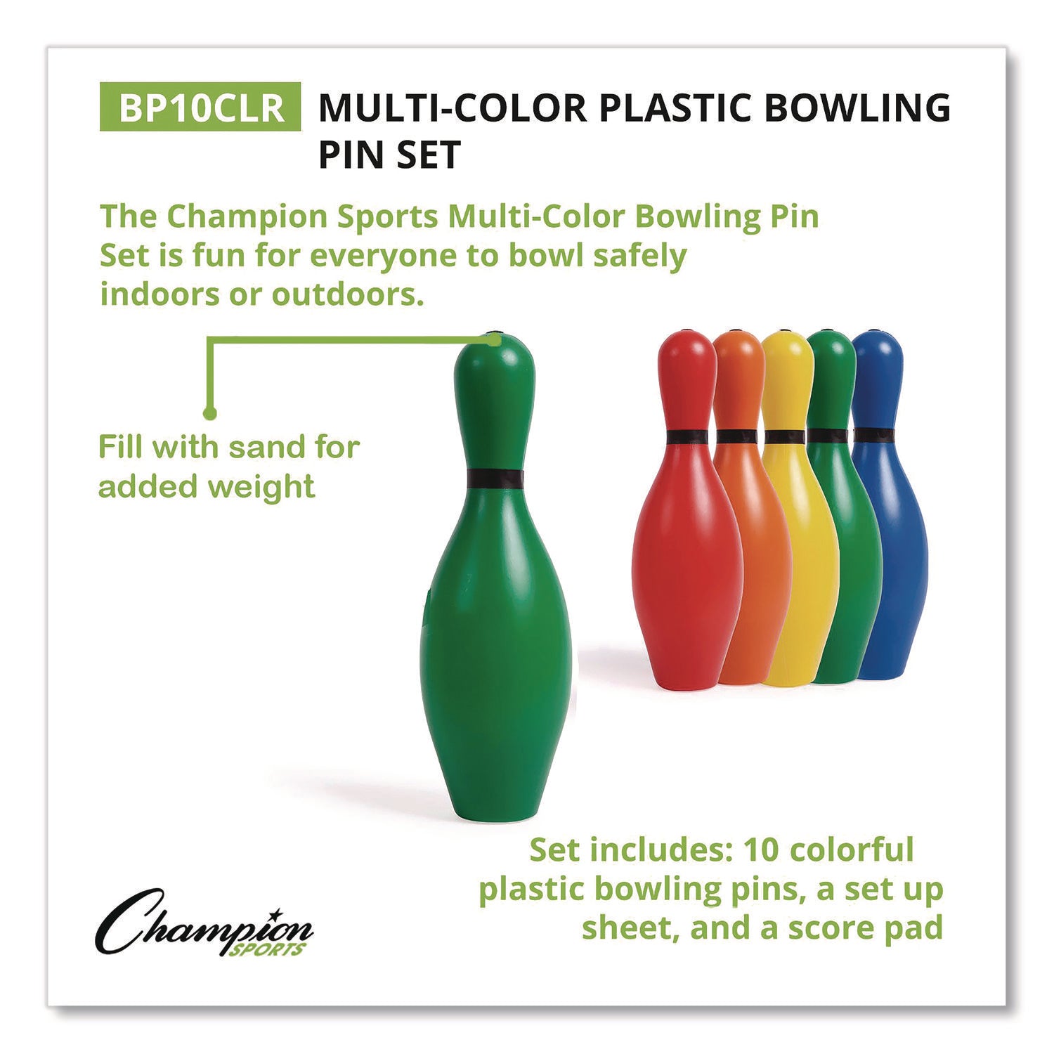 Plastic Bowling Pin Set, Assorted Colors, 10/Set