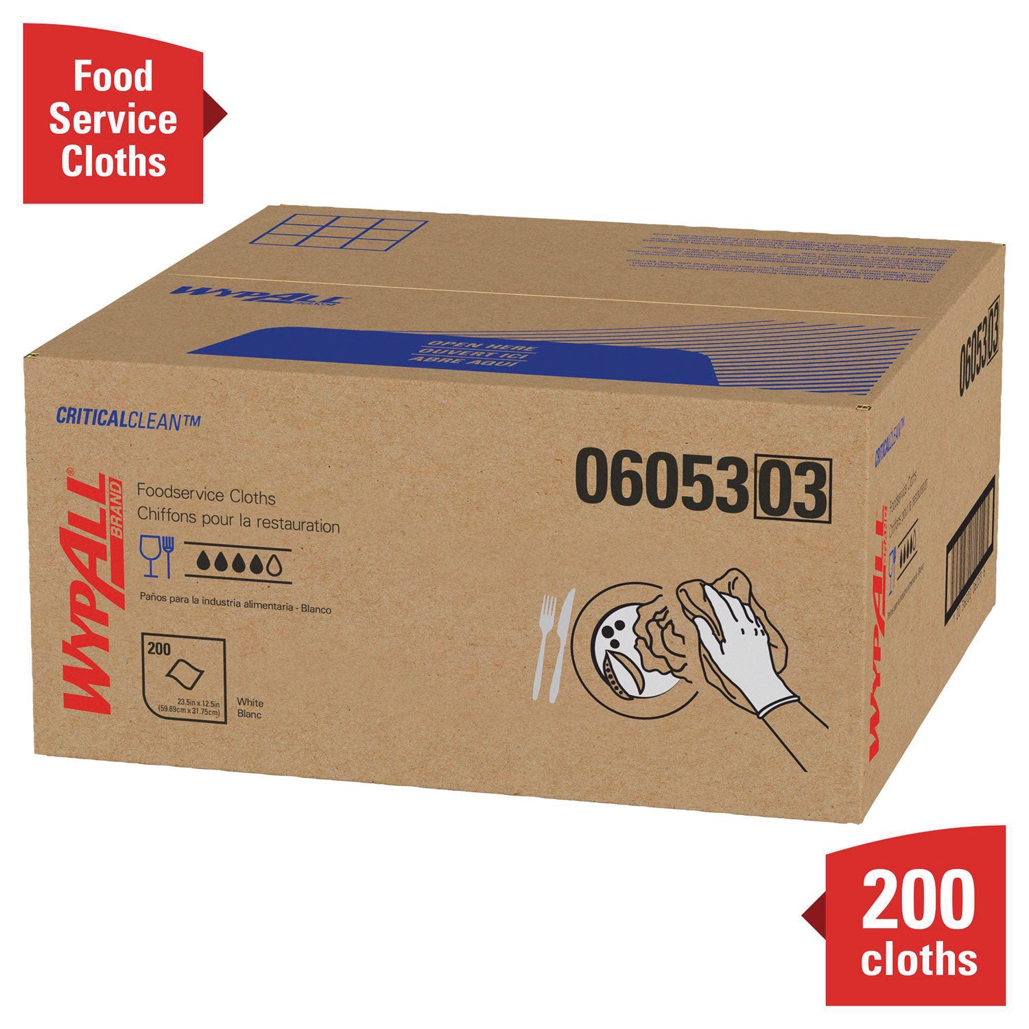 Wypall Critical Clean Foodservice Cloths, Quarter-fold, 12.50" x 23.50", White, Hydroknit, 1 Carton