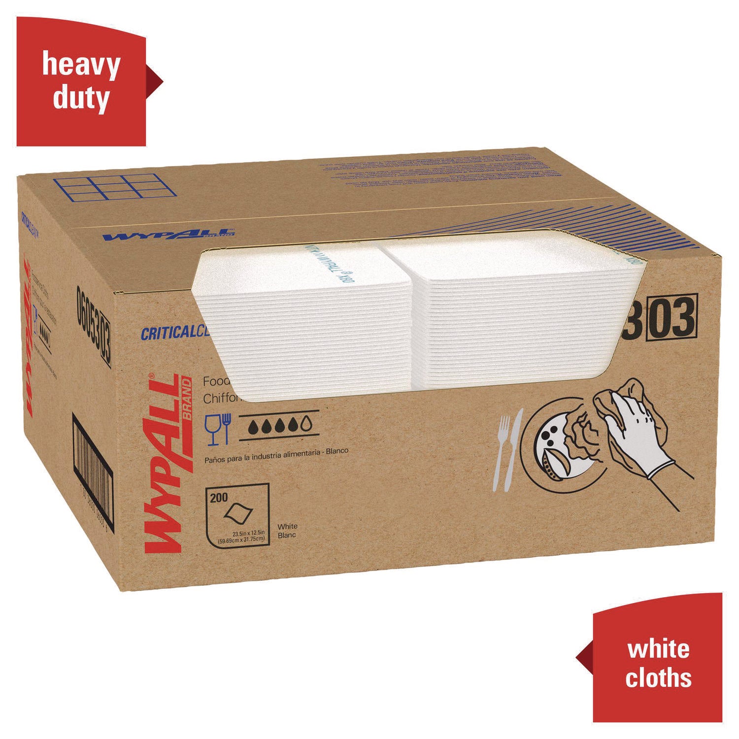 Wypall Critical Clean Foodservice Cloths, Quarter-fold, 12.50" x 23.50", White, Hydroknit, 1 Carton