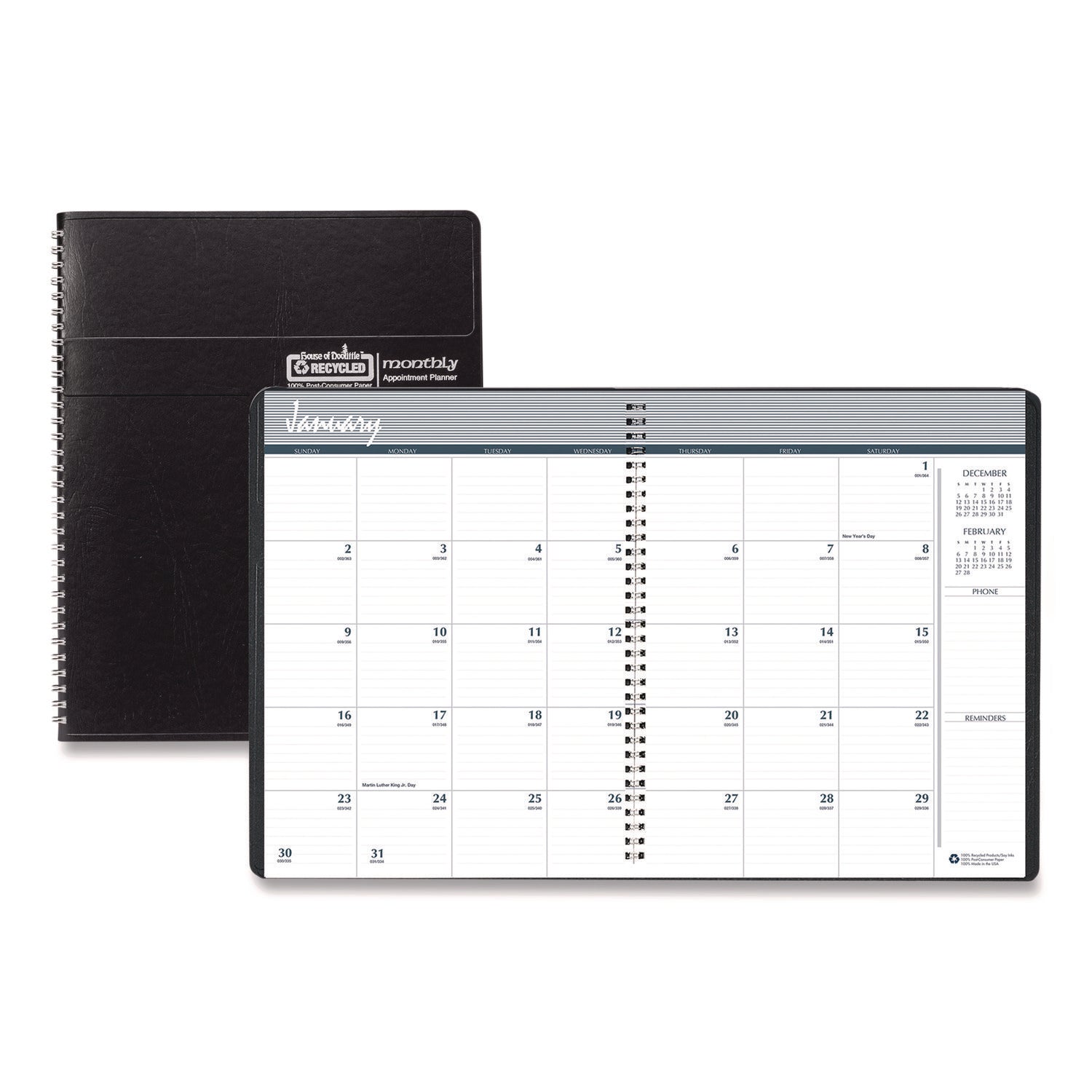 Julian Dates - Monthly - 14 Month - December 2024 to January 2026 - 1 Month Double Page Layout - 6 7/8" x 8 3/4" Sheet Size - 1.88" x 2.13" Block - Wire Bound - Simulated Leather - Black Cover - Reference Calendar - 1 Each