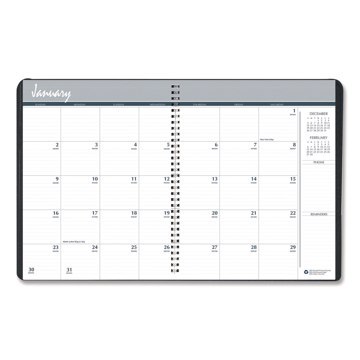 Julian Dates - Monthly - 14 Month - December 2024 to January 2026 - 1 Month Double Page Layout - 6 7/8" x 8 3/4" Sheet Size - 1.88" x 2.13" Block - Wire Bound - Simulated Leather - Black Cover - Reference Calendar - 1 Each