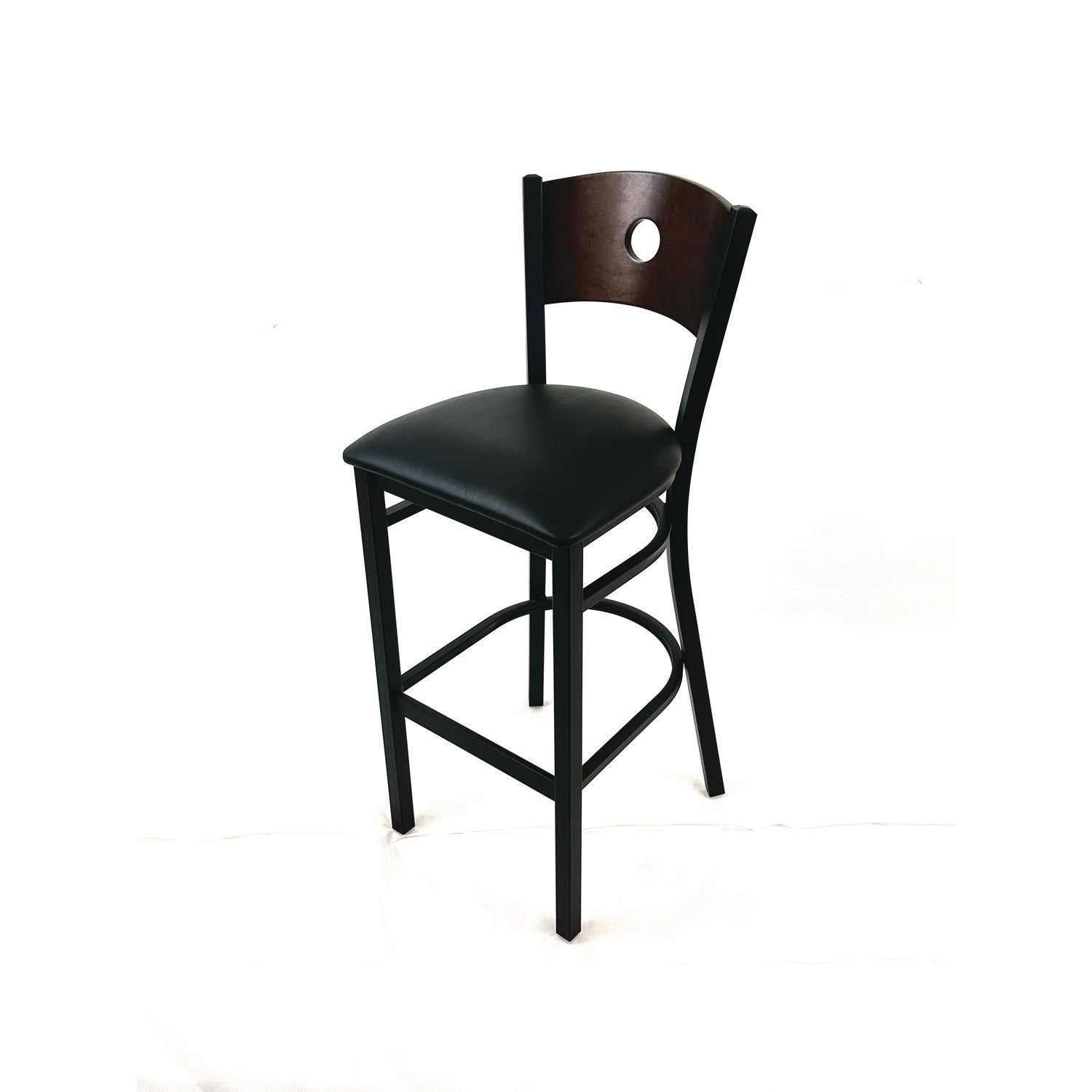 Circle Series Barstool, Supports Up to 300 lb, 28.5" Seat Height, Black Seat, Dark Walnut Back, Black Base