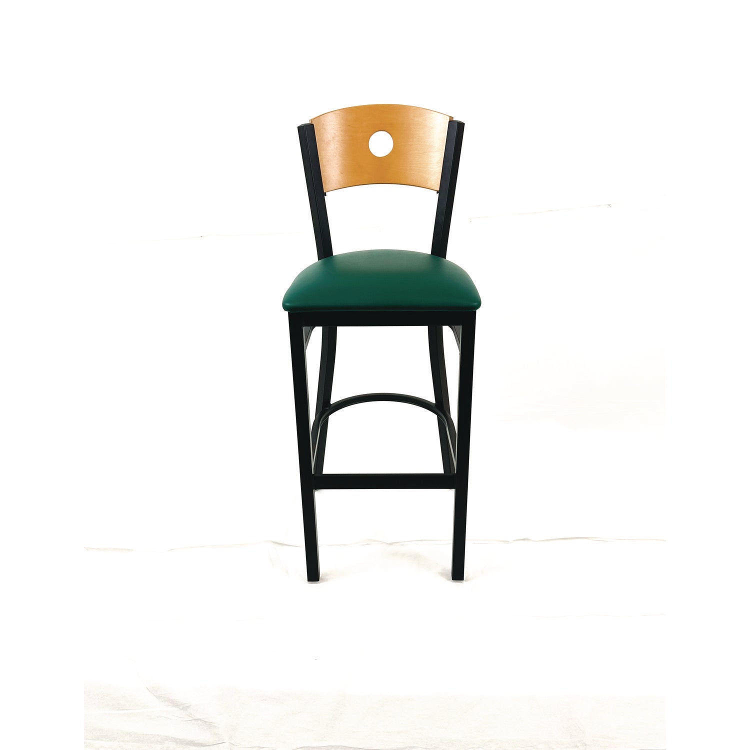 Circle Series Barstool, Supports Up to 300 lb, 28.5" Seat Height, Green Seat, Natural Back, Black Base