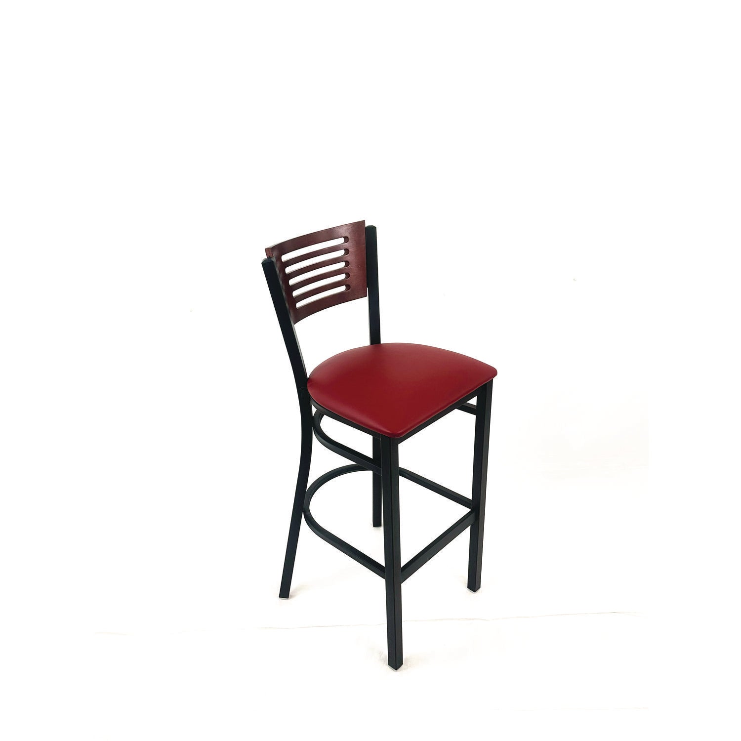 Jones River Series Barstool, Supports Up to 300 lb, 28.5" Seat Height, Burgundy Seat, Dark Mahogany Back, Black Base