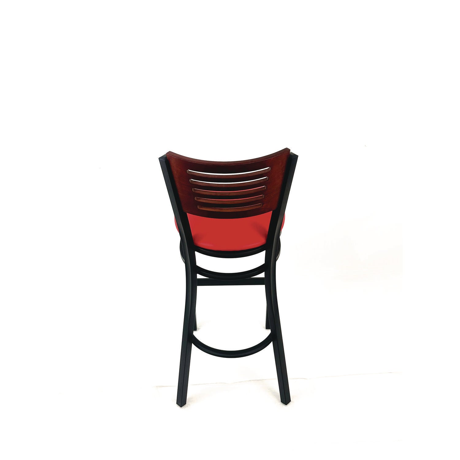 Jones River Series Barstool, Supports Up to 300 lb, 28.5" Seat Height, Red Seat, Dark Mahogany Back, Black Base