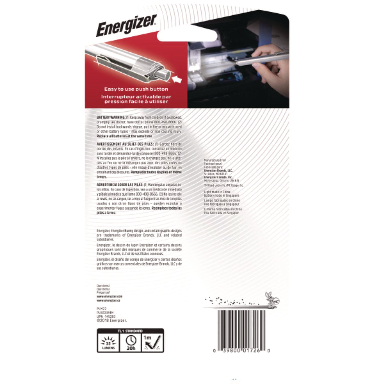 Energizer LED Pen Light - LED - 35 lm Lumen - AAA - Battery - Stainless Steel - Impact Resistant, Drop Resistant - Silver - 1 Each