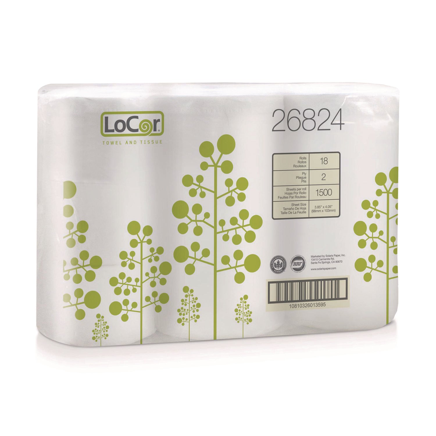 LoCor Bath Tissue - 2 Ply - 3.85" Width x 4.05" Length - 1500 Sheets/Roll - White - Fiber - 18 / Carton
