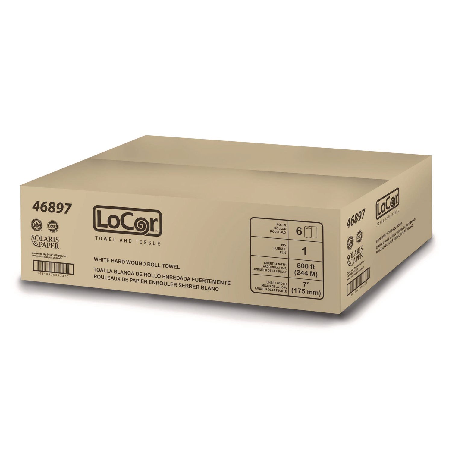 LoCor Hard Wound Roll Towels, 1 Ply, 7" x 800 ft, White, Virgin Fiber, 6 Rolls per Carton