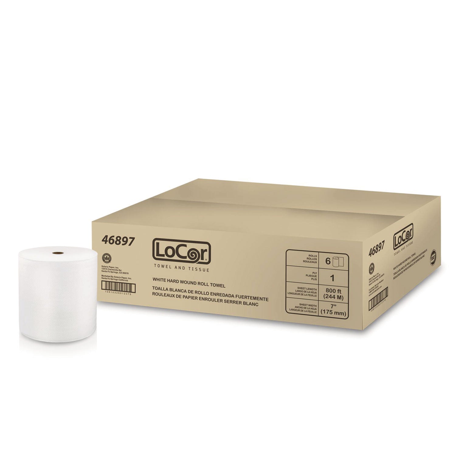 LoCor Hard Wound Roll Towels, 1 Ply, 7" x 800 ft, White, Virgin Fiber, 6 Rolls per Carton