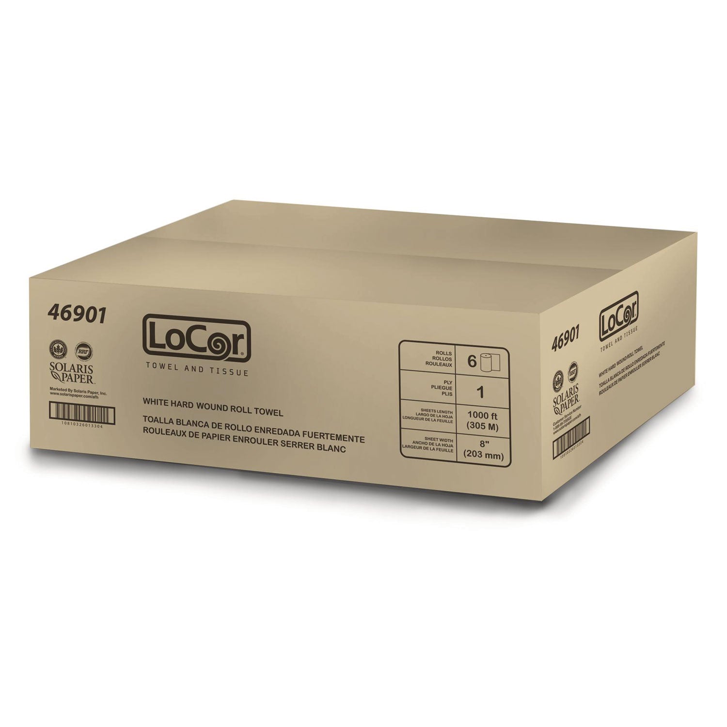LoCor Hardwound Roll Towels - 1 Ply - 8" Width x 1000 ft Length - Fully embossed - Bright White - Fiber - 6 / Carton