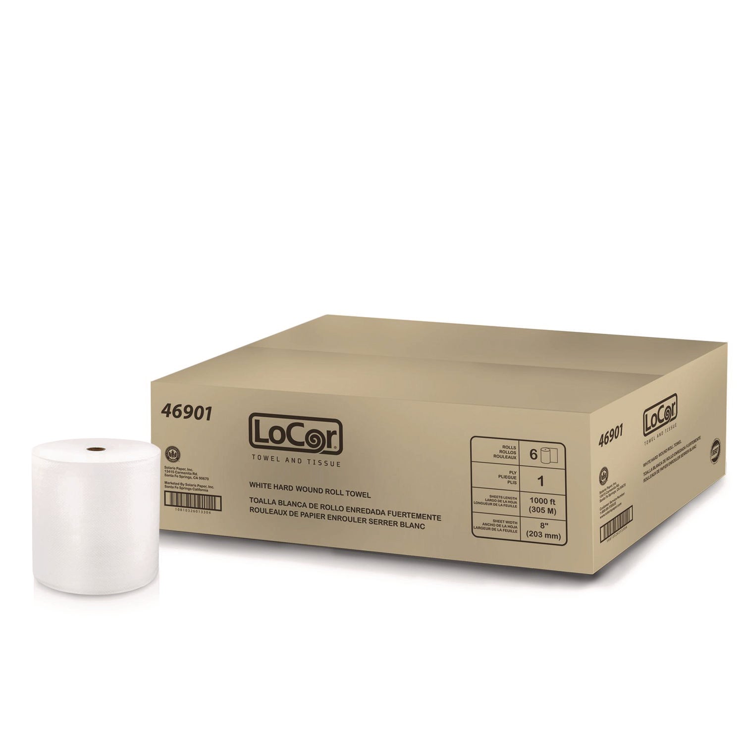 LoCor Hardwound Roll Towels - 1 Ply - 8" Width x 1000 ft Length - Fully embossed - Bright White - Fiber - 6 / Carton