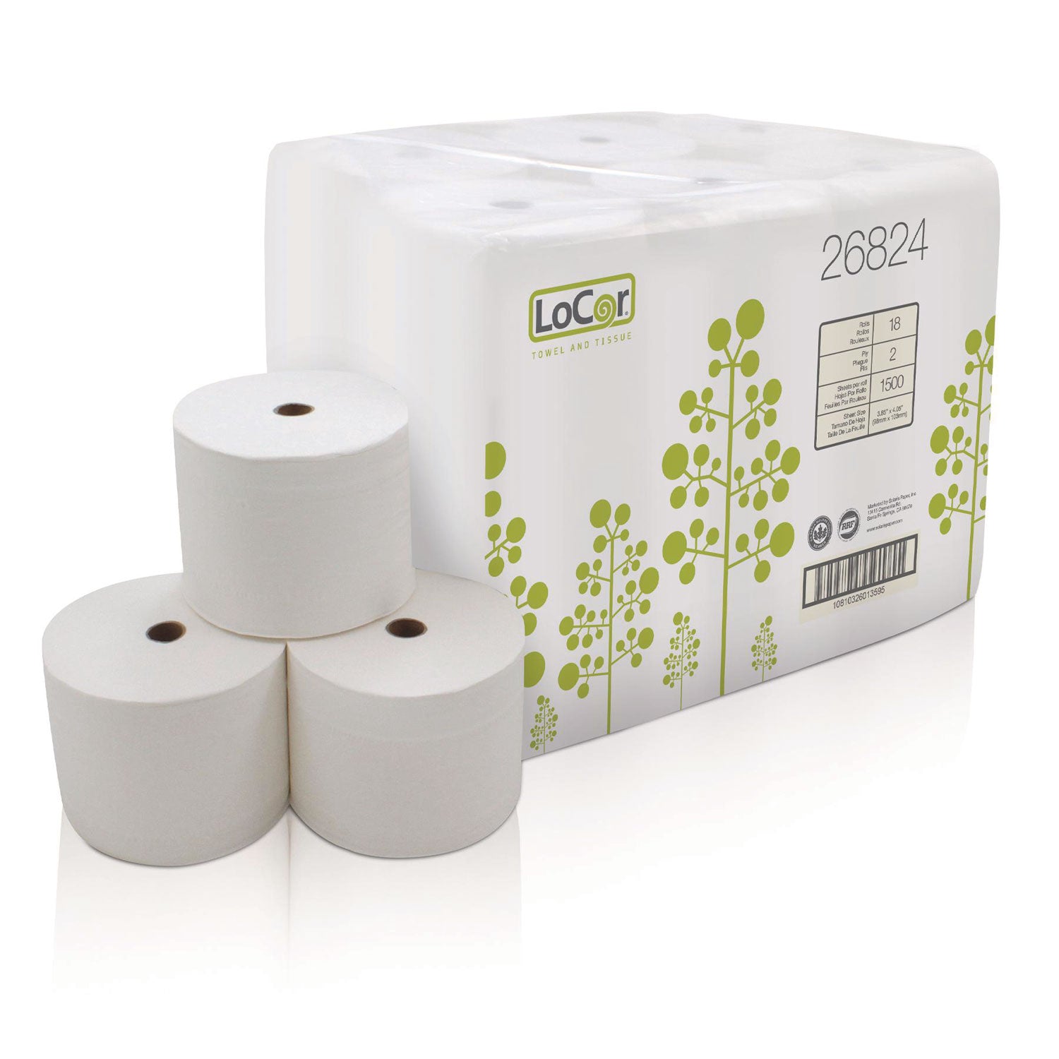 LoCor Bath Tissue - 2 Ply - 3.85" Width x 4.05" Length - 1500 Sheets/Roll - White - Fiber - 18 / Carton