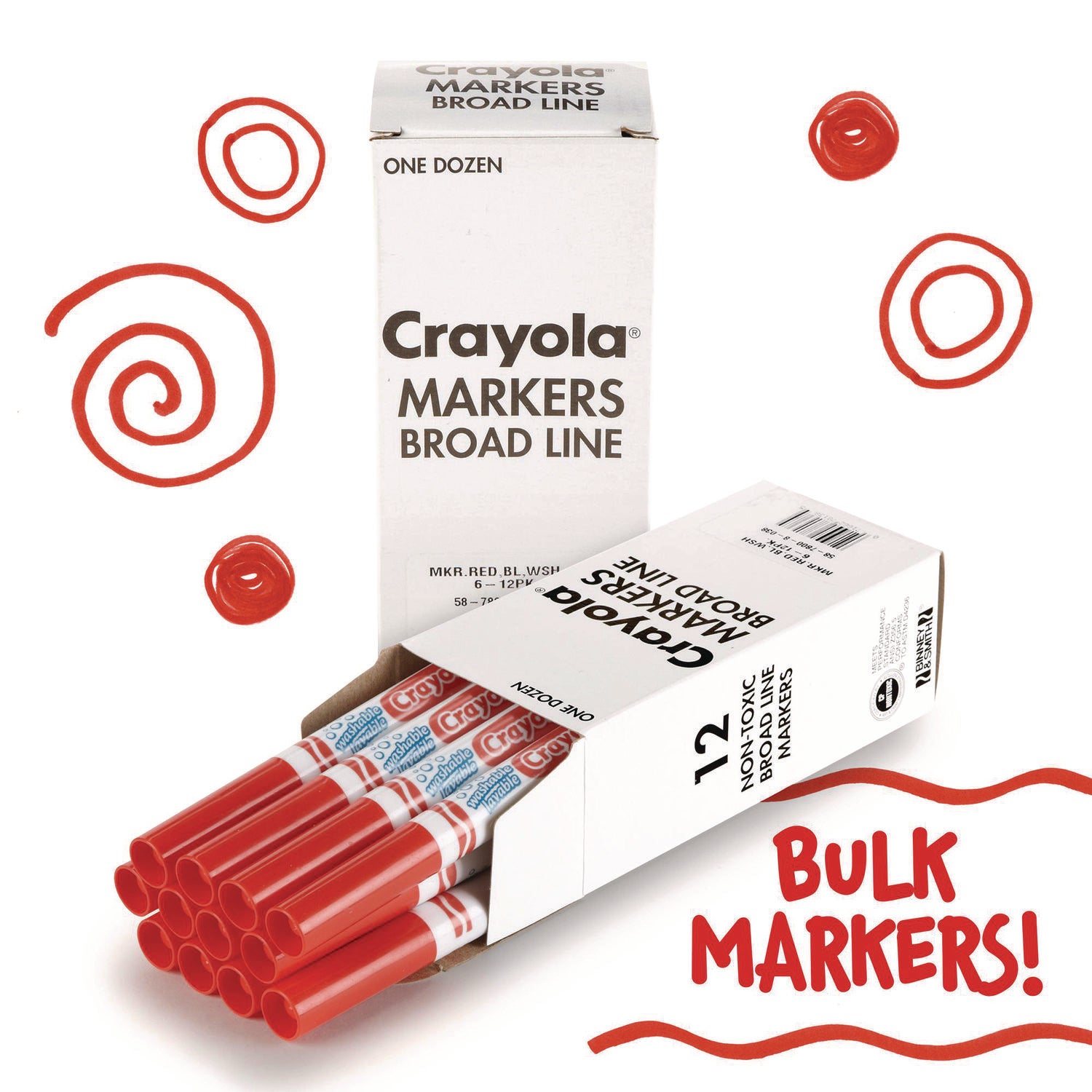 Broad Line Washable Markers, Broad Bullet Tip, Red, 12/box