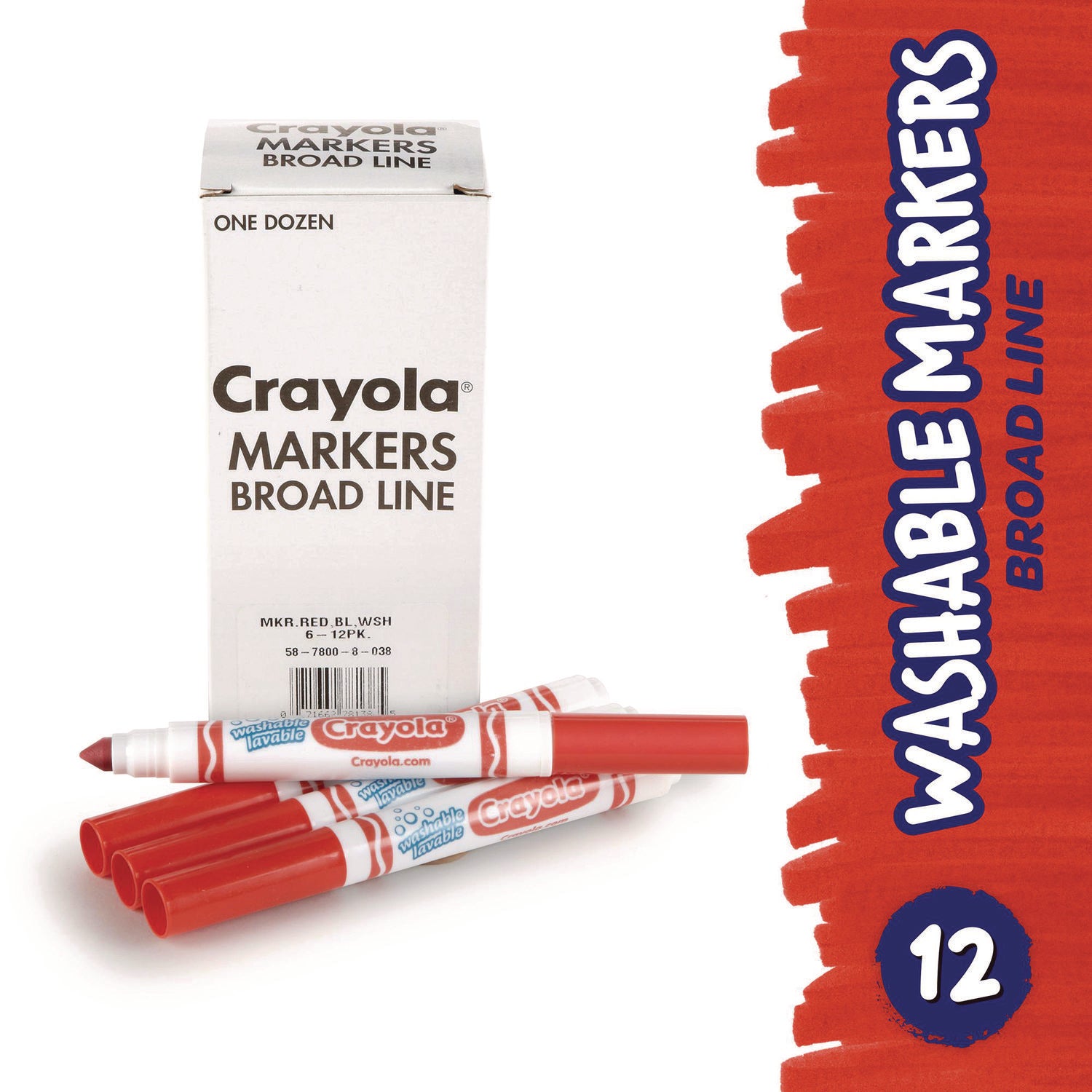 Broad Line Washable Markers, Broad Bullet Tip, Red, 12/box