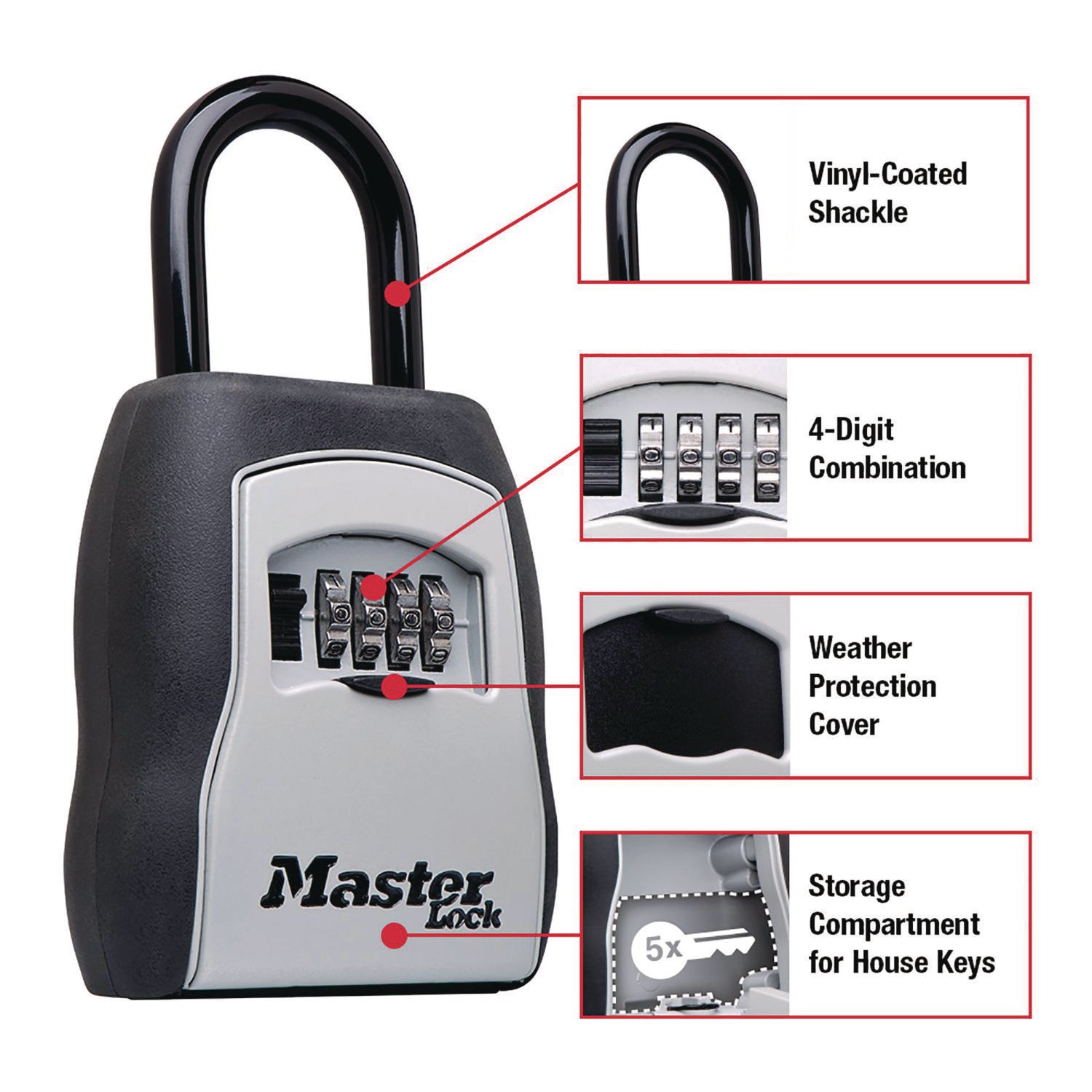 Locking Combination 5 Key Steel Box, 3.25" Wide, Black/Silver