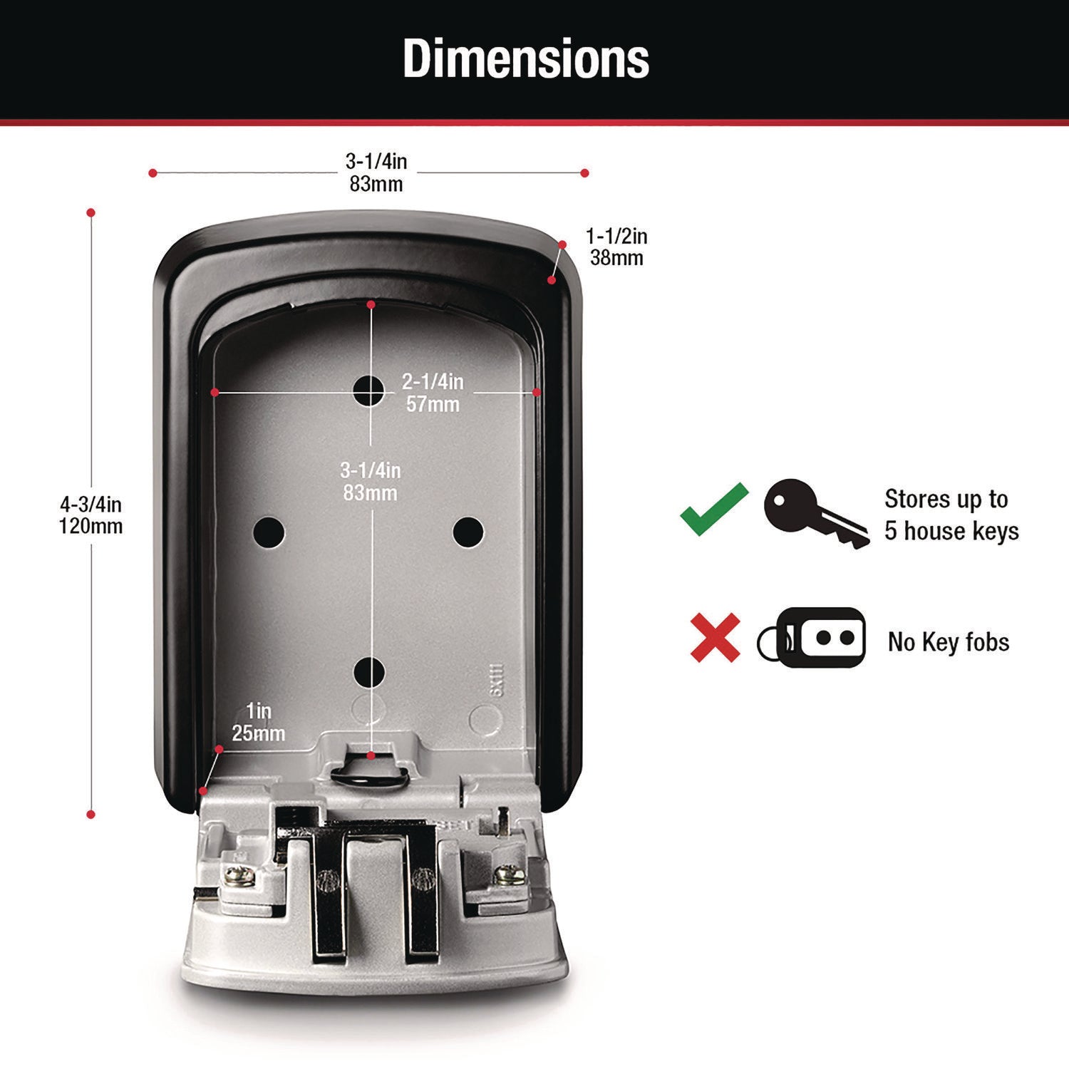 Locking Combination 5 Key Steel Box, 3.25" Wide, Black/Silver