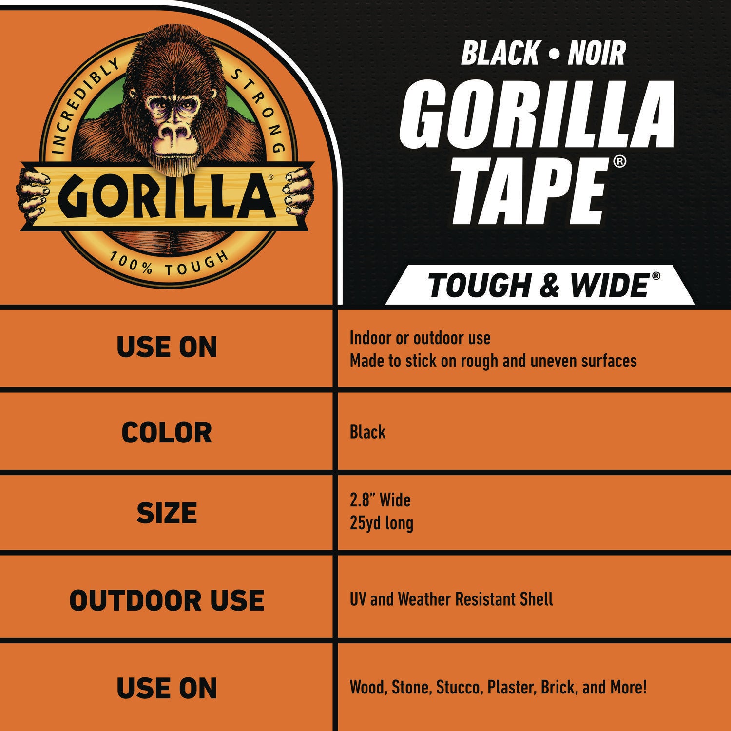 106425 Gorilla 2.88 In. x 25 Yd. Tough & Wide Heavy-Duty Duct Tape, Black