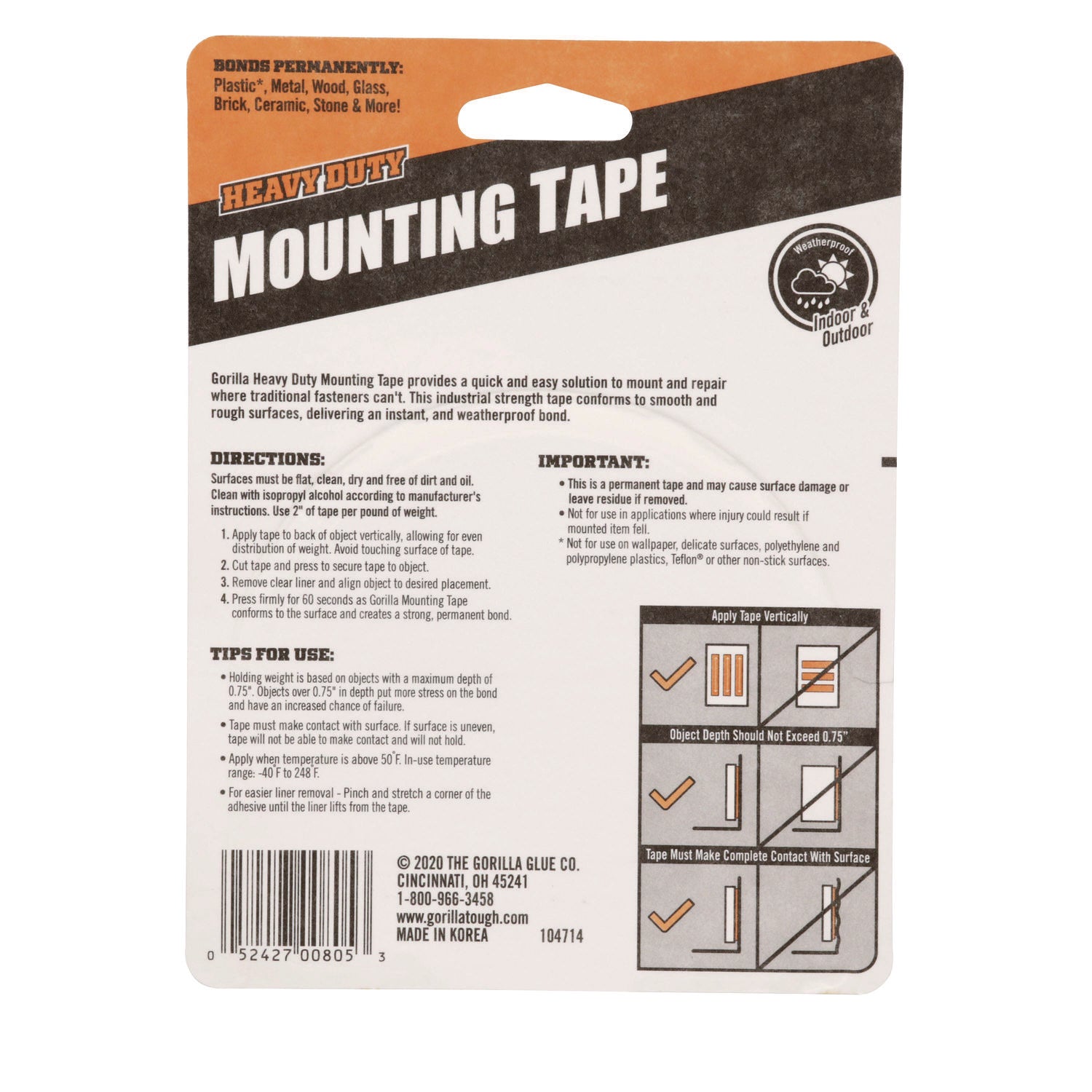 Gorilla Heavy Duty Mounting Tape - 10 ft Length x 1" Width - Black - 1 Each