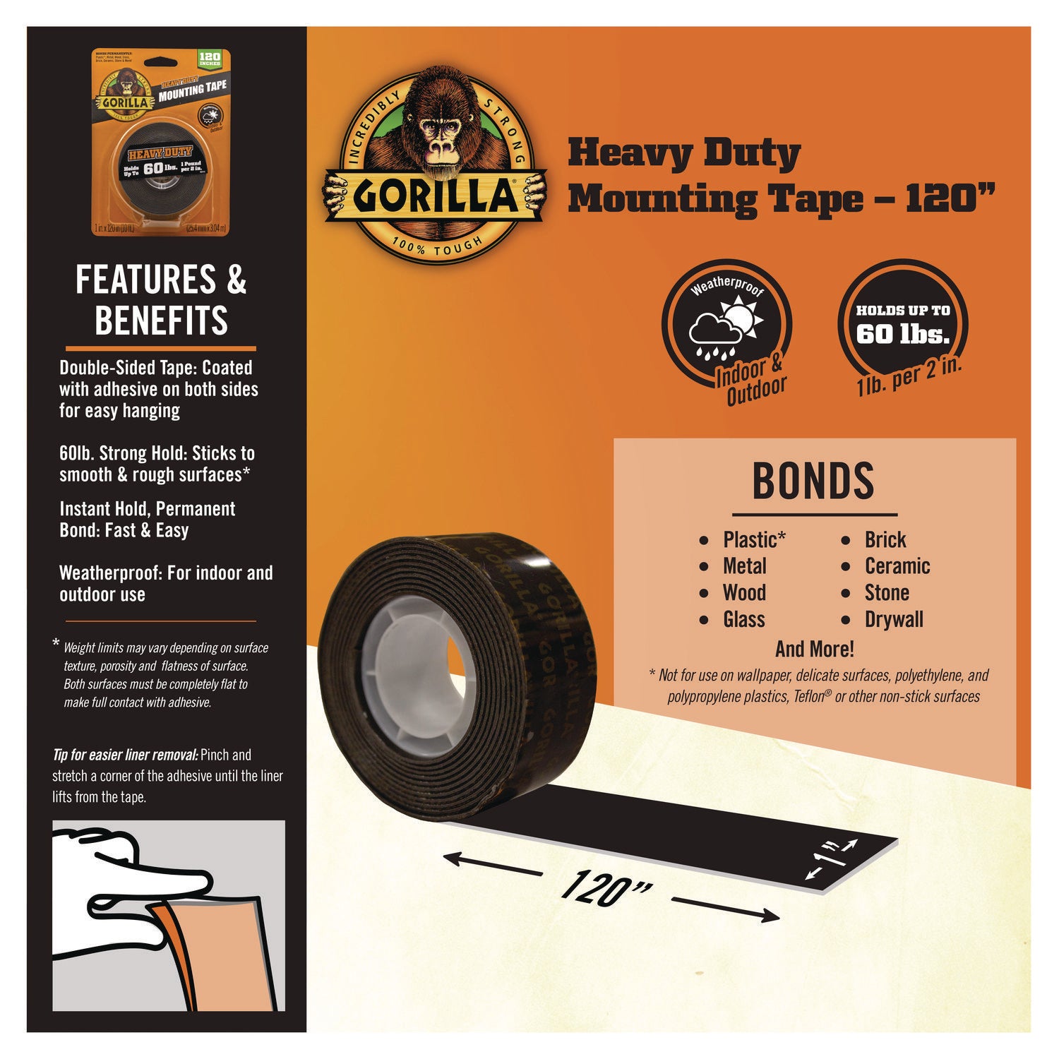 Gorilla Heavy Duty Mounting Tape - 10 ft Length x 1" Width - Black - 1 Each