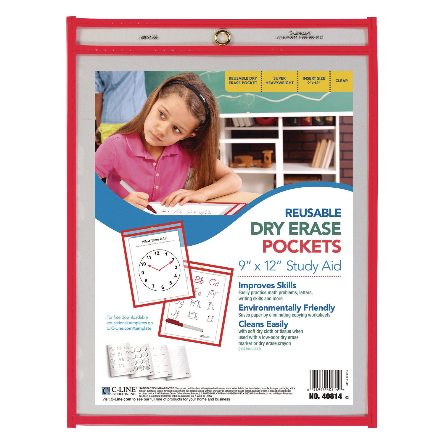 Reusable Dry Erase Pocket, Red Neon, 9" x 12", 1 Pocket