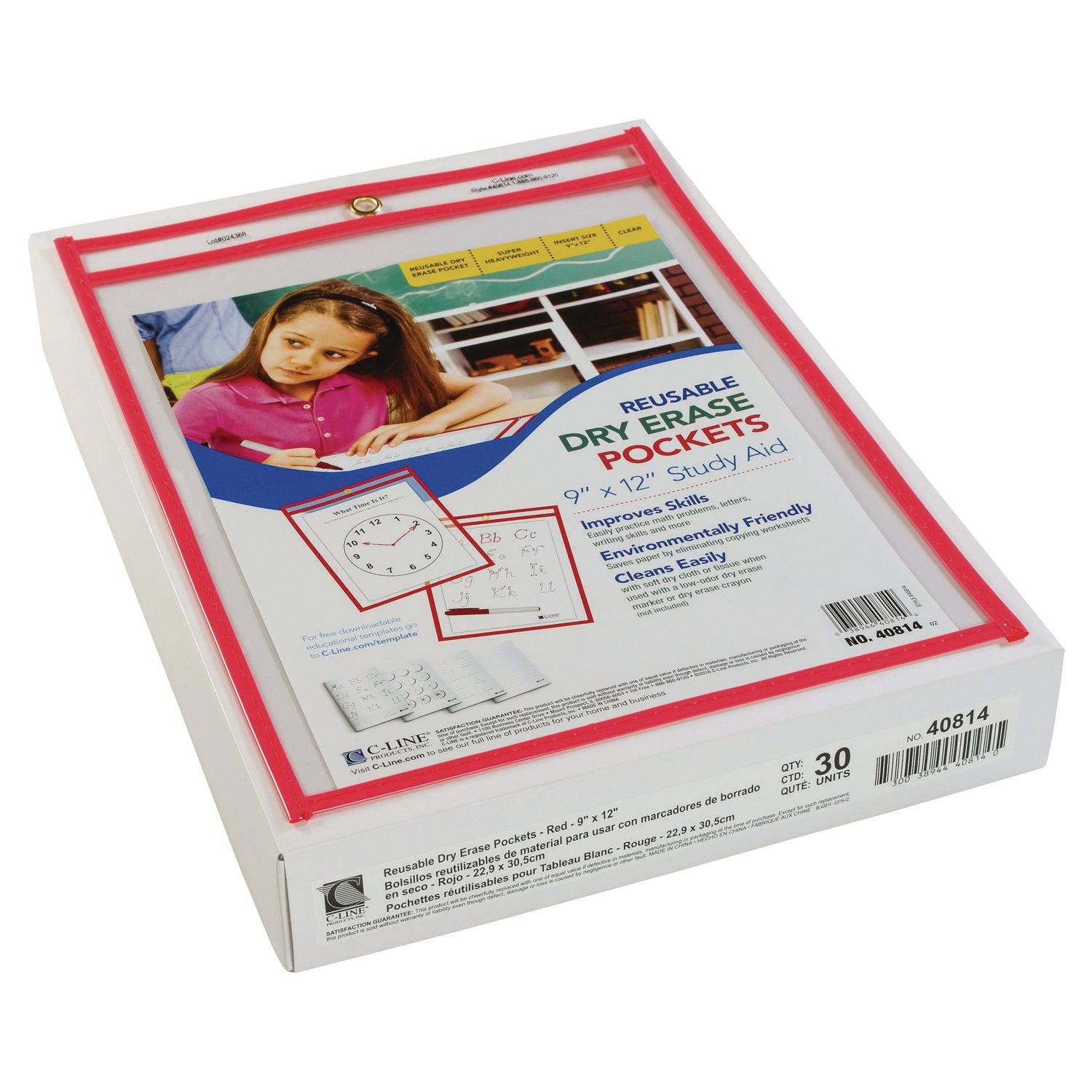 Reusable Dry Erase Pocket, Red Neon, 9" x 12", 1 Pocket