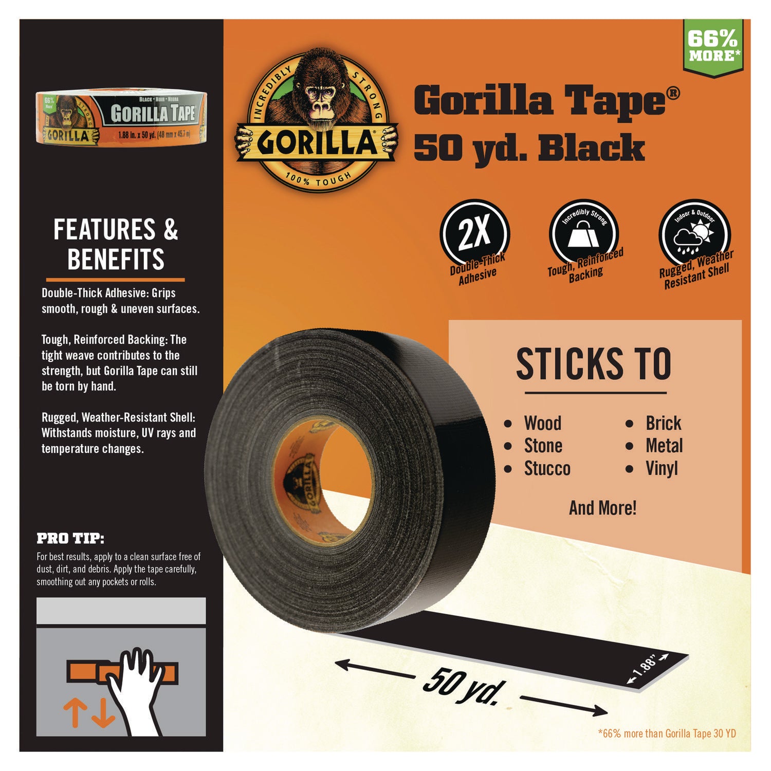 Gorilla Tape - 50 yd Length x 1.88" Width - Black - 1 Roll