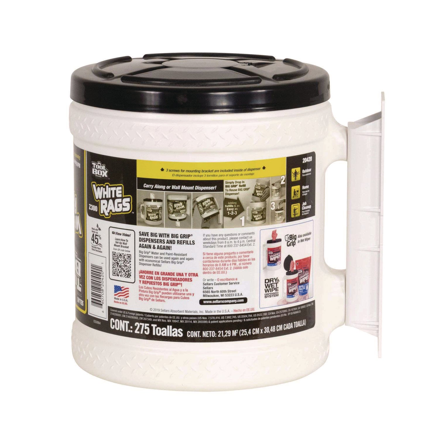 Z300 Wipers Big Grip Dispenser, 1-Ply, 10 x 12, White, 2/Carton