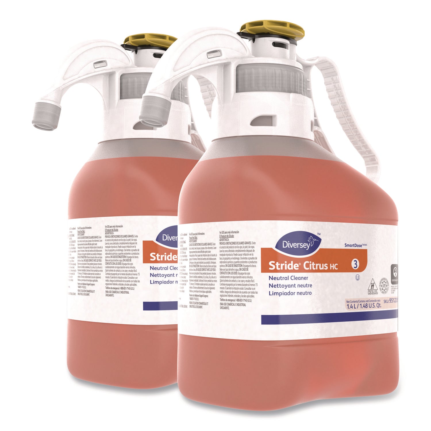 Diversey Stride Citrus HC Neutral Cleaner, Concentrate, 47.3 fl oz (1.5 quart), Citrus Scent, Non Alkaline, Film-free, Phosphate-free, Orange, 1 Each