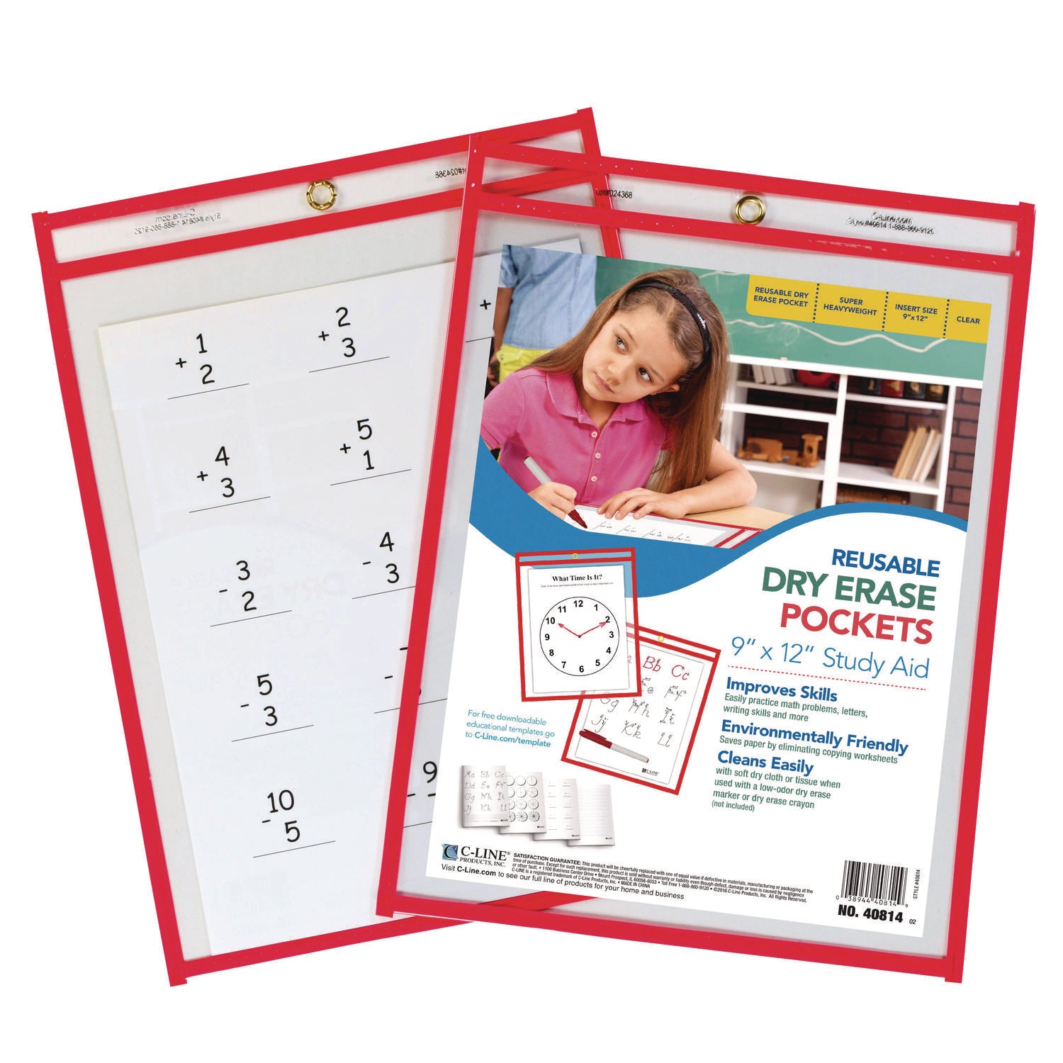 Reusable Dry Erase Pocket, Red Neon, 9" x 12", 1 Pocket