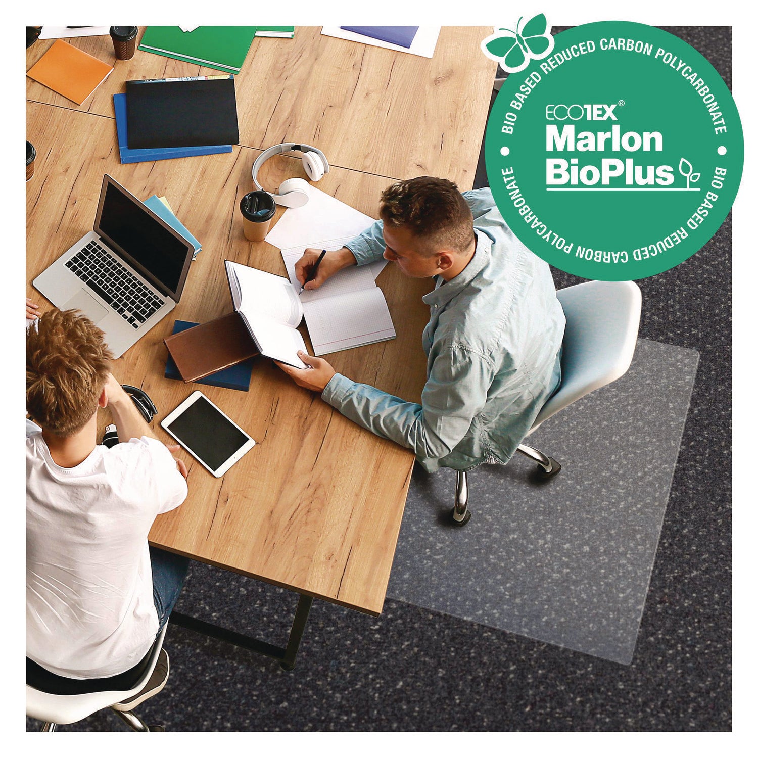 Floortex Eco Friendly Carbon Neutral Chair Mat, Polycarbonate, Clear, Rectangular, 60" x 46" x 0.090", For Low/Medium Pile Carpets, 1 Each