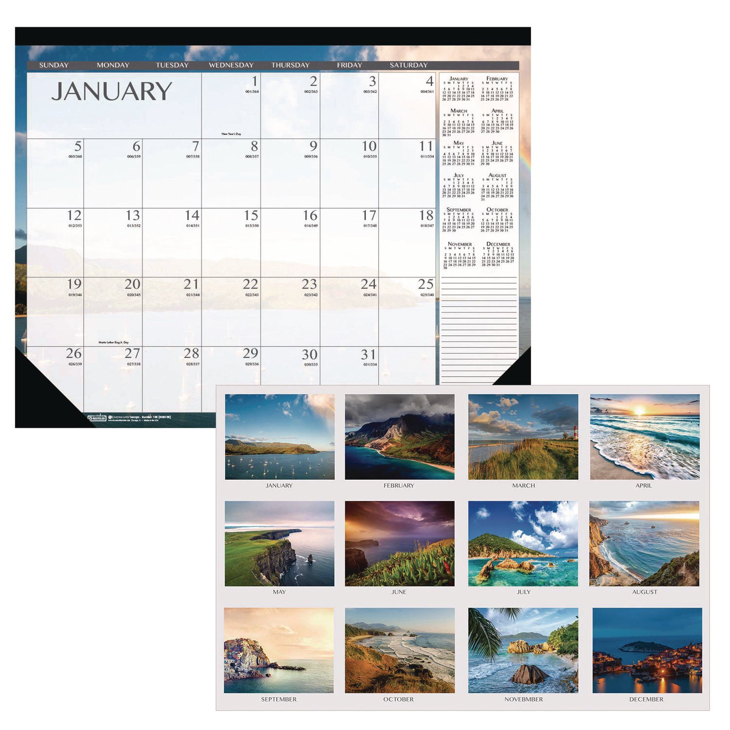 Julian Dates - Monthly - 12 Month - January 2026 to December 2026 - 1 Month Single Page Layout - Desk Pad, Desktop - Black - Leatherette - 17" Height x 22" Width - Recyclable, Seascape, Notes Area, Holiday Listing, Reference Calendar - 1 Each