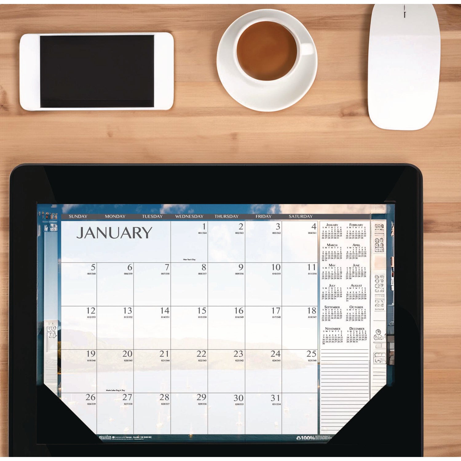 Julian Dates - Monthly - 12 Month - January 2026 to December 2026 - 1 Month Single Page Layout - Desk Pad, Desktop - Black - Leatherette - 17" Height x 22" Width - Recyclable, Seascape, Notes Area, Holiday Listing, Reference Calendar - 1 Each
