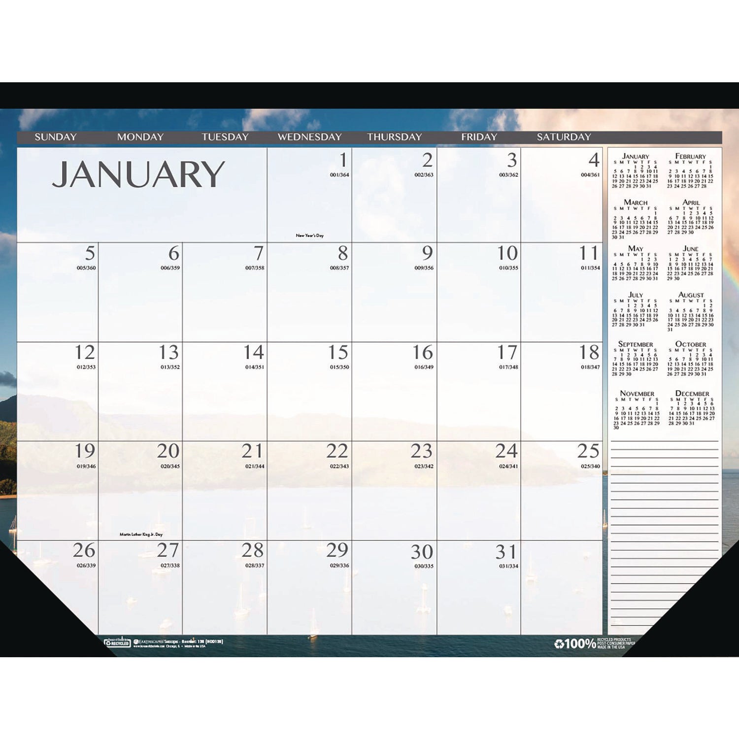 Julian Dates - Monthly - 12 Month - January 2026 to December 2026 - 1 Month Single Page Layout - Desk Pad, Desktop - Black - Leatherette - 17" Height x 22" Width - Recyclable, Seascape, Notes Area, Holiday Listing, Reference Calendar - 1 Each