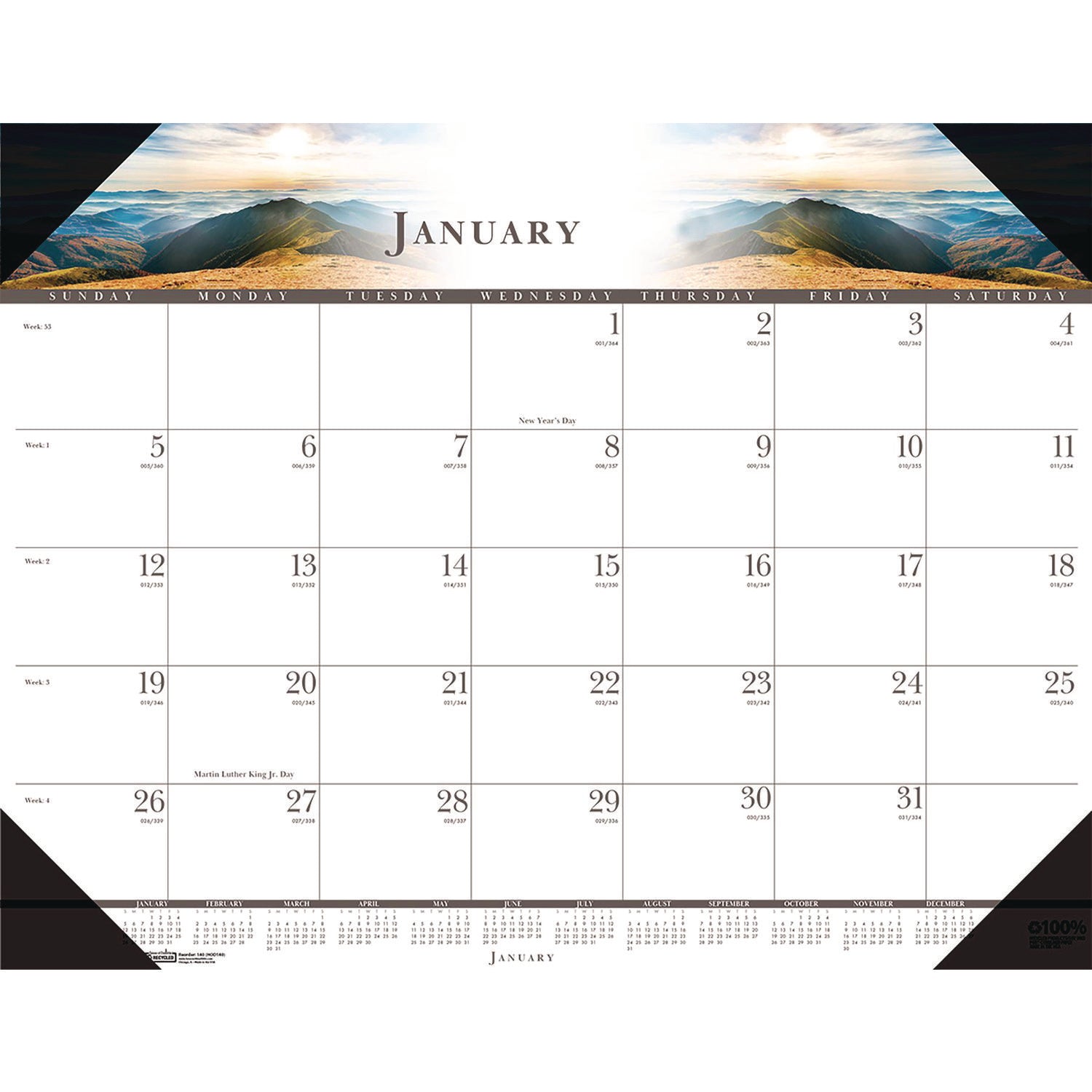 Julian Dates - Monthly - January 2026 to December 2026 - 1 Month Single Page Layout - 22" x 17" Sheet Size - 2.38" x 2.88" Block - Desk Pad - White - Leatherette, Paper - 1 Each