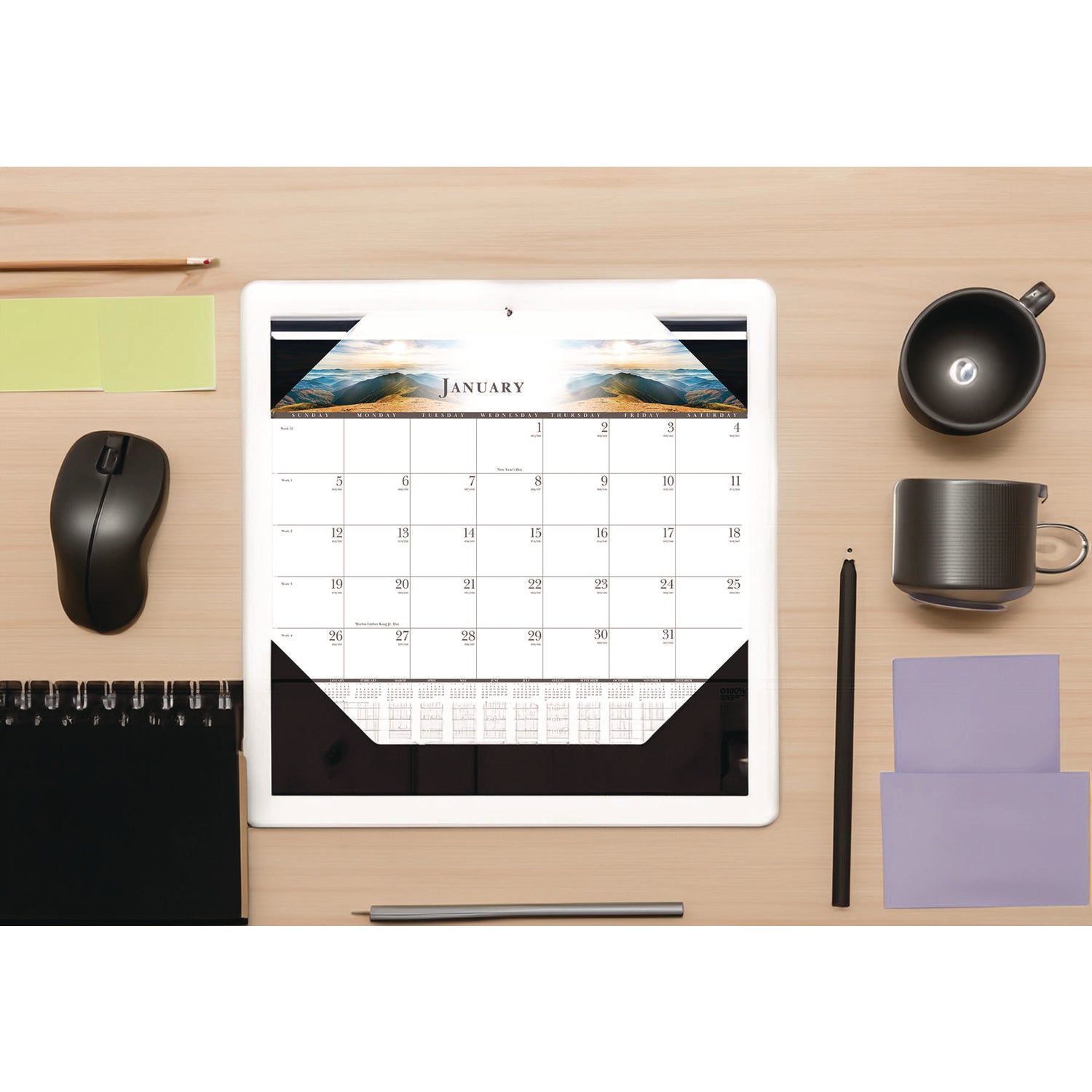 Julian Dates - Monthly - January 2026 to December 2026 - 1 Month Single Page Layout - 22" x 17" Sheet Size - 2.38" x 2.88" Block - Desk Pad - White - Leatherette, Paper - 1 Each