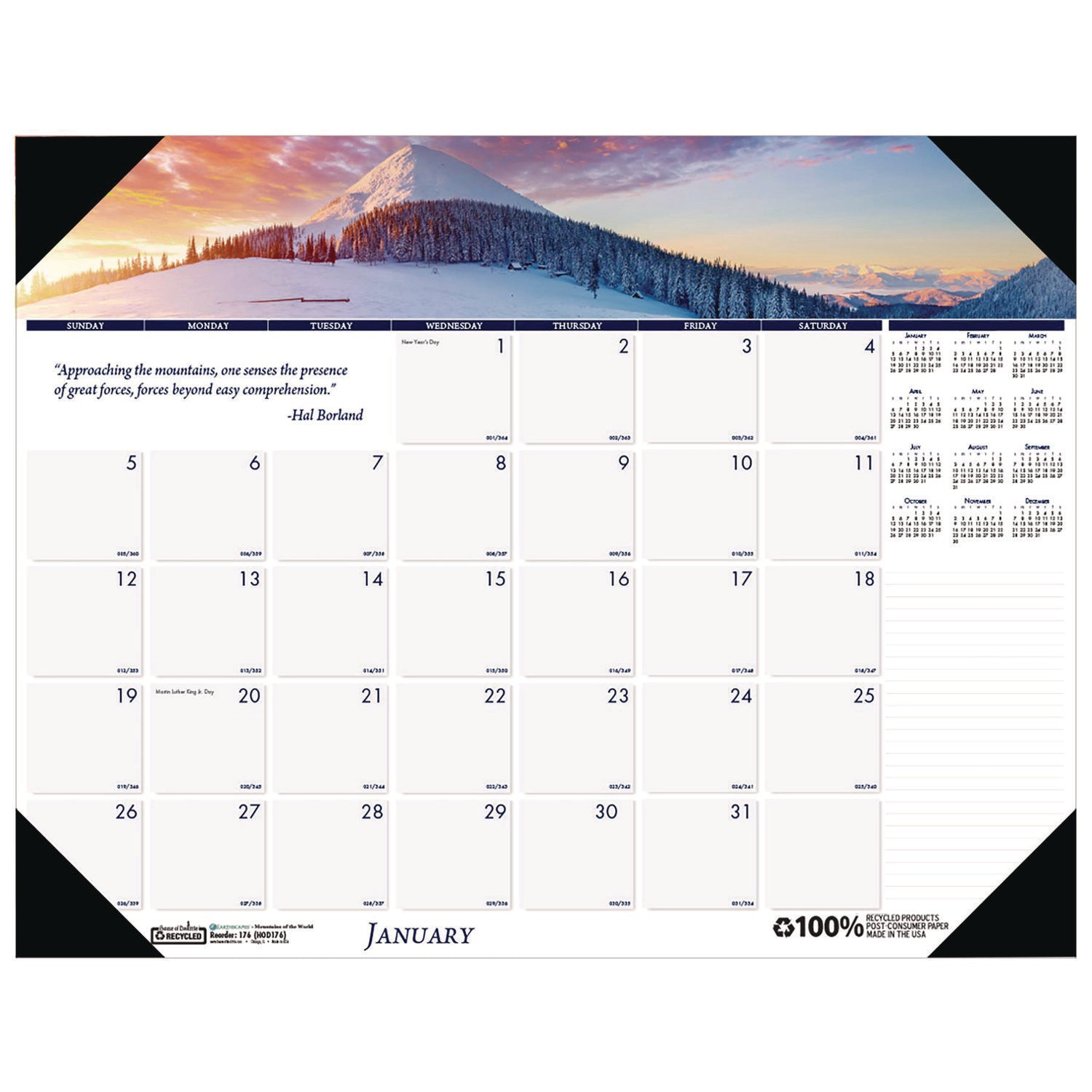 Julian Dates - Monthly - 12 Month - January 2026 to December 2026 - 1 Month Single Page Layout - 22" x 17" Sheet Size - 2.25" x 2.50" Block - Desk Pad - White - Leatherette, Paper - Holder, Reference Calendar, Notepad, Reinforced - 1 Each