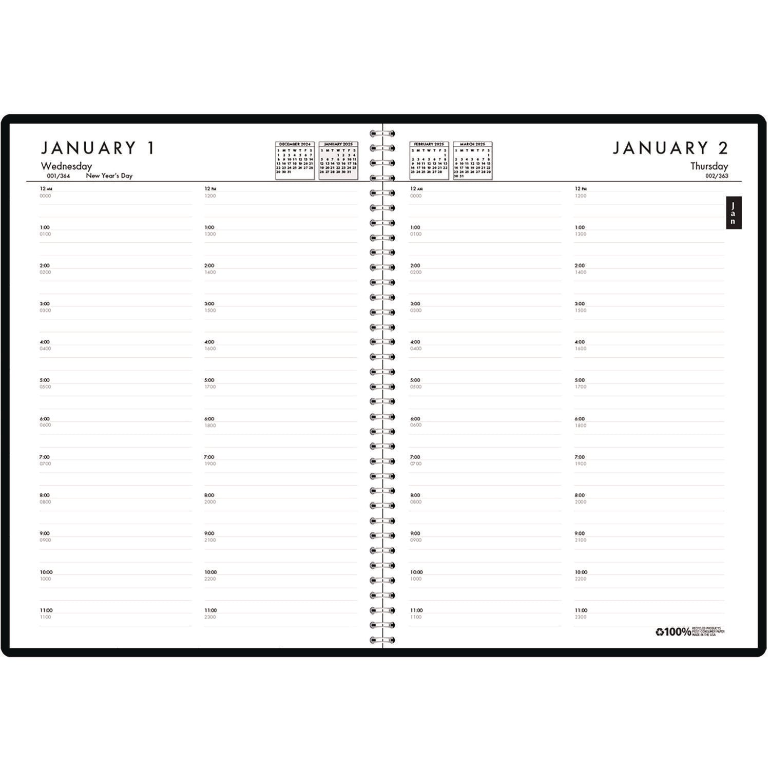 Julian Dates - Daily, Monthly - 12 Month - January 2026 to December 2026 - Hourly - 1 Day Single Page Layout - 1 Month Double Page Layout - 7" x 10" Sheet Size - Wire Bound - Leather, Paper - Blue Cover - 1 Each