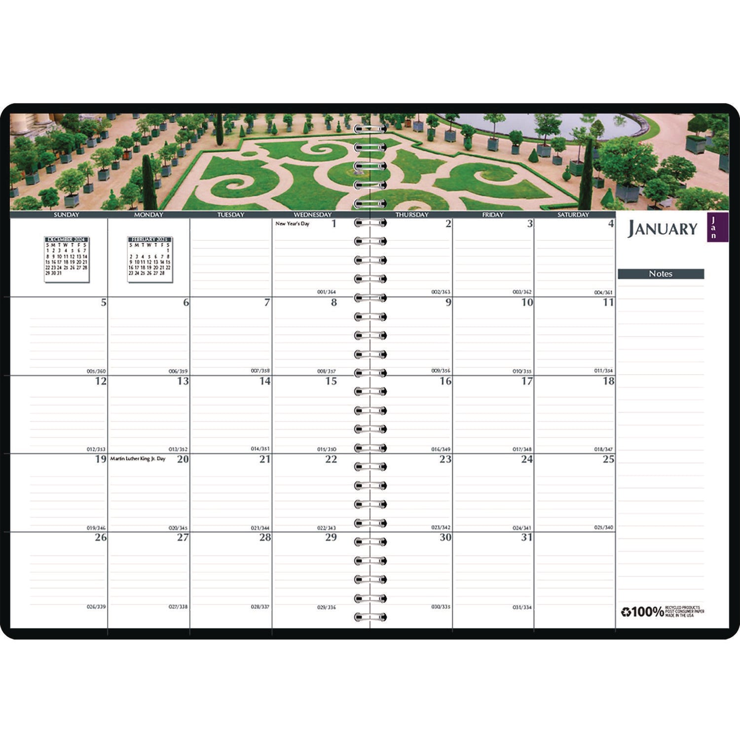 Julian Dates - Weekly, Monthly - 1 Year - January 2026 to December 2026 - 8:00 AM to 5:00 PM - Hourly - 7" x 10" Sheet Size - Wire Bound - Paper - Black Cover - 1 Each