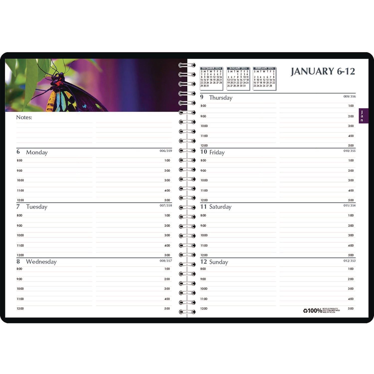 Julian Dates - Weekly, Monthly - 1 Year - January 2026 to December 2026 - 8:00 AM to 5:00 PM - Hourly - 7" x 10" Sheet Size - Wire Bound - Paper - Black Cover - 1 Each
